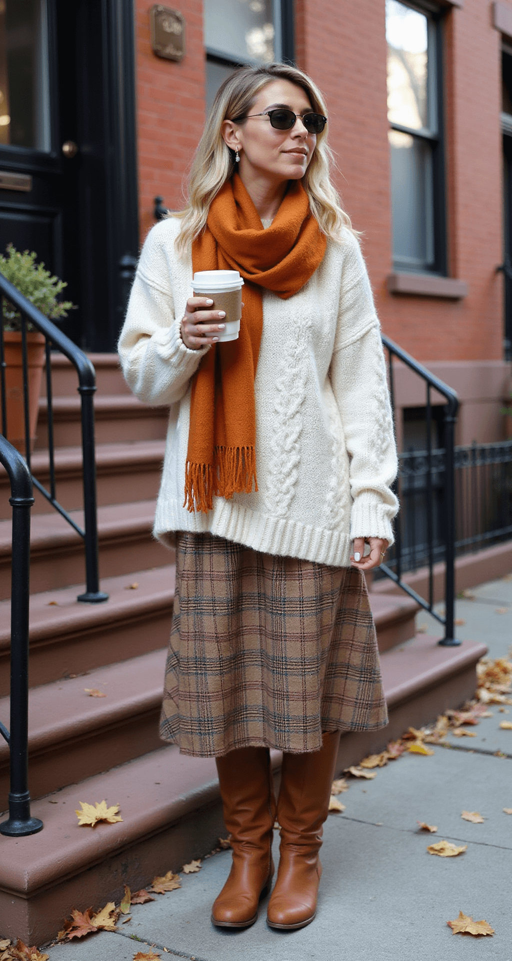 A fashion editor sits on a Brooklyn brownstone stoop on a crisp autumn morning, wearing an oversized ivory fisherman sweater, a plaid wool midi skirt, and cognac knee-high boots, holding a coffee cup. The scene features falling leaves, with natural light highlighting the rich autumn colors and the textural details of her outfit, including cable knit patterns, buttery leather, and a burnt orange cashmere scarf.