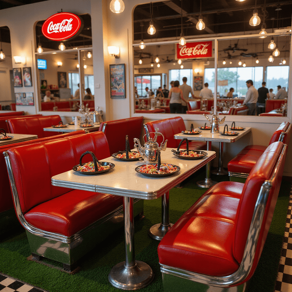 Intimate detail shot of a vintage-inspired 'Drive-In Diner' with red and chrome booths on artificial turf, miniature steering wheels on tables, classic black and white checkerboard floor, Coca-Cola memorabilia, neon lighting, car-hop food trays with retro candies, and racing posters adorning the walls.