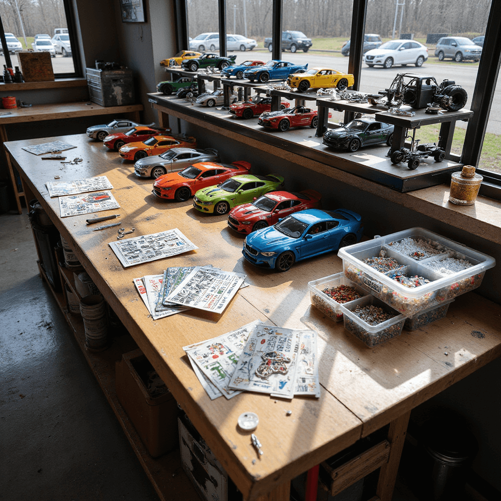 Overhead view of a DIY car customization station featuring a professional craft table, organized paint stations with decals and tools, custom Hot Wheels on display, paint palettes in bright racing colors, clear acrylic organizers with sparkles and racing stripes, and personalized pit crew passes on a weathered workbench.