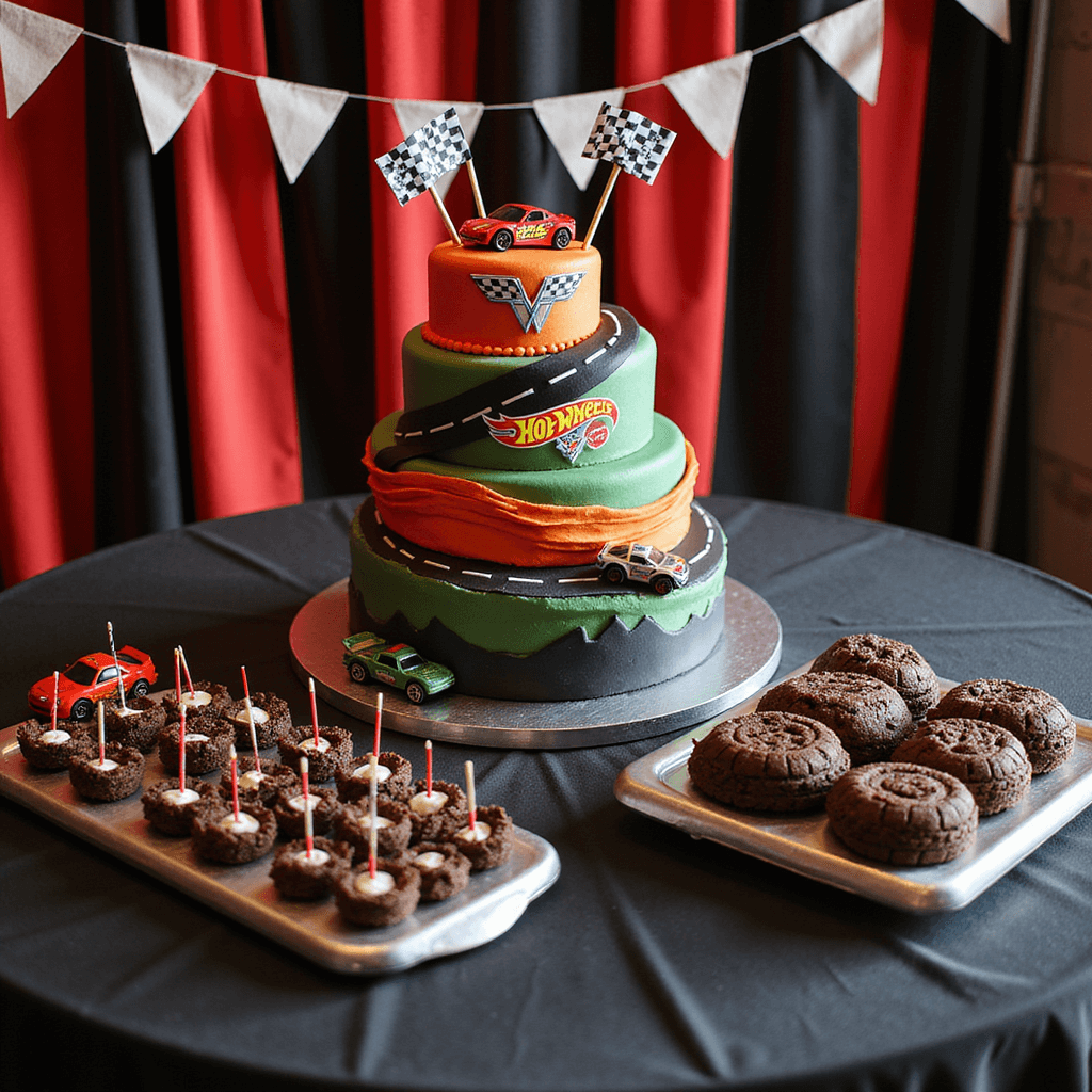 Close-up of a race-themed dessert display featuring a three-tiered Hot Wheels cake with a spiraling fondant racetrack, die-cast cars, traffic light cake pops, tire-tread chocolate cookies on silver platters, and custom printed race flags in the background, enhanced by dramatic LED track lighting.