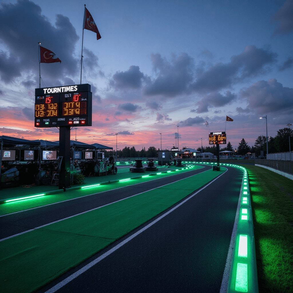 Cinematic view of a dusk outdoor racing tournament zone featuring illuminated track stations, a large LED scoreboard, fluttering pennant flags, racing simulator pods, professional starting lights, and glowing phosphorescent track tape on artificial turf lanes.