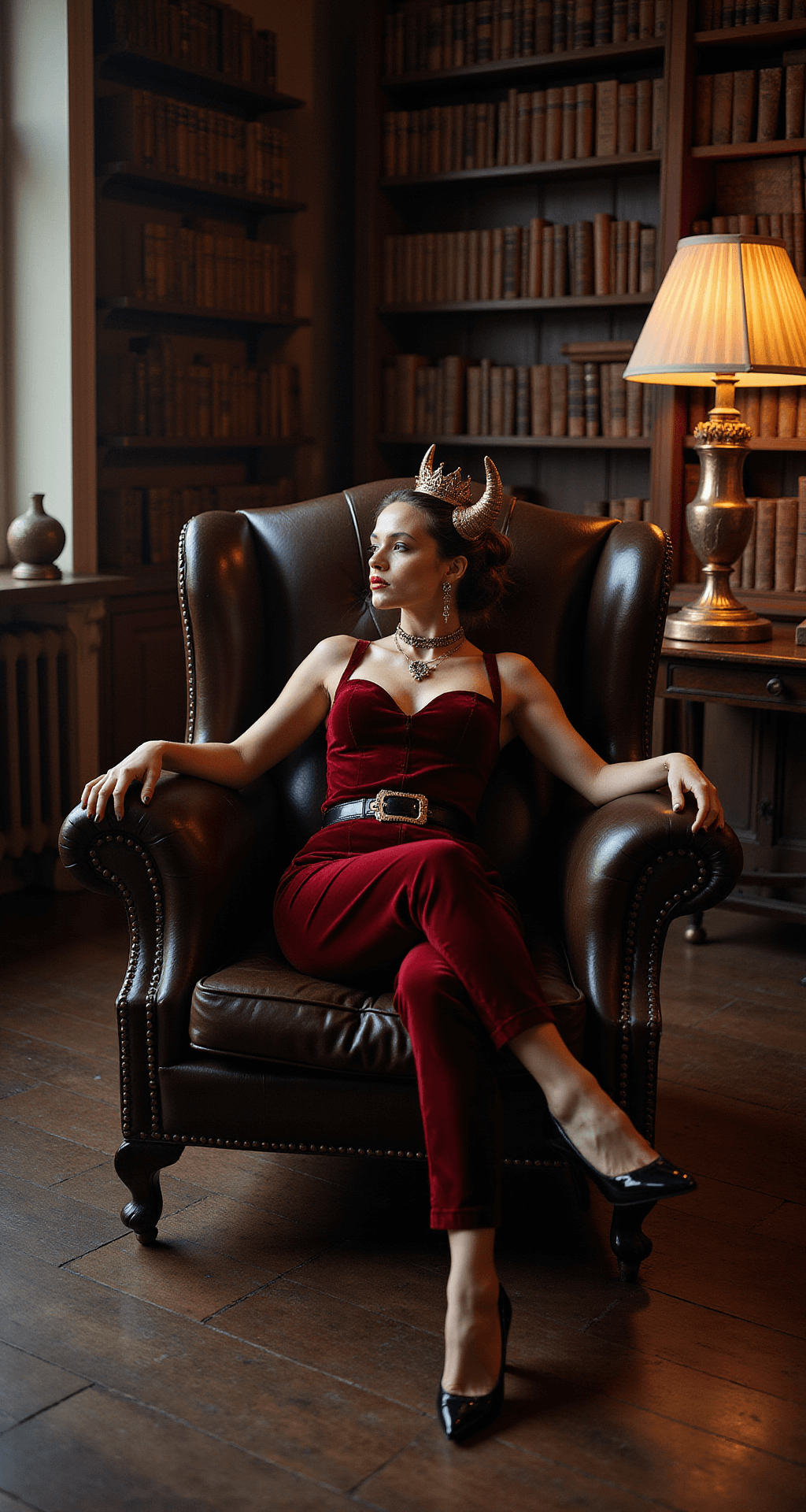 A model in a deep red velvet jumpsuit reclines in a vintage leather armchair in a historic mansion library at twilight, adorned with black patent stilettos and ornate gold crown-style horns, surrounded by books and antique objects that cast dramatic shadows from table lamps.
