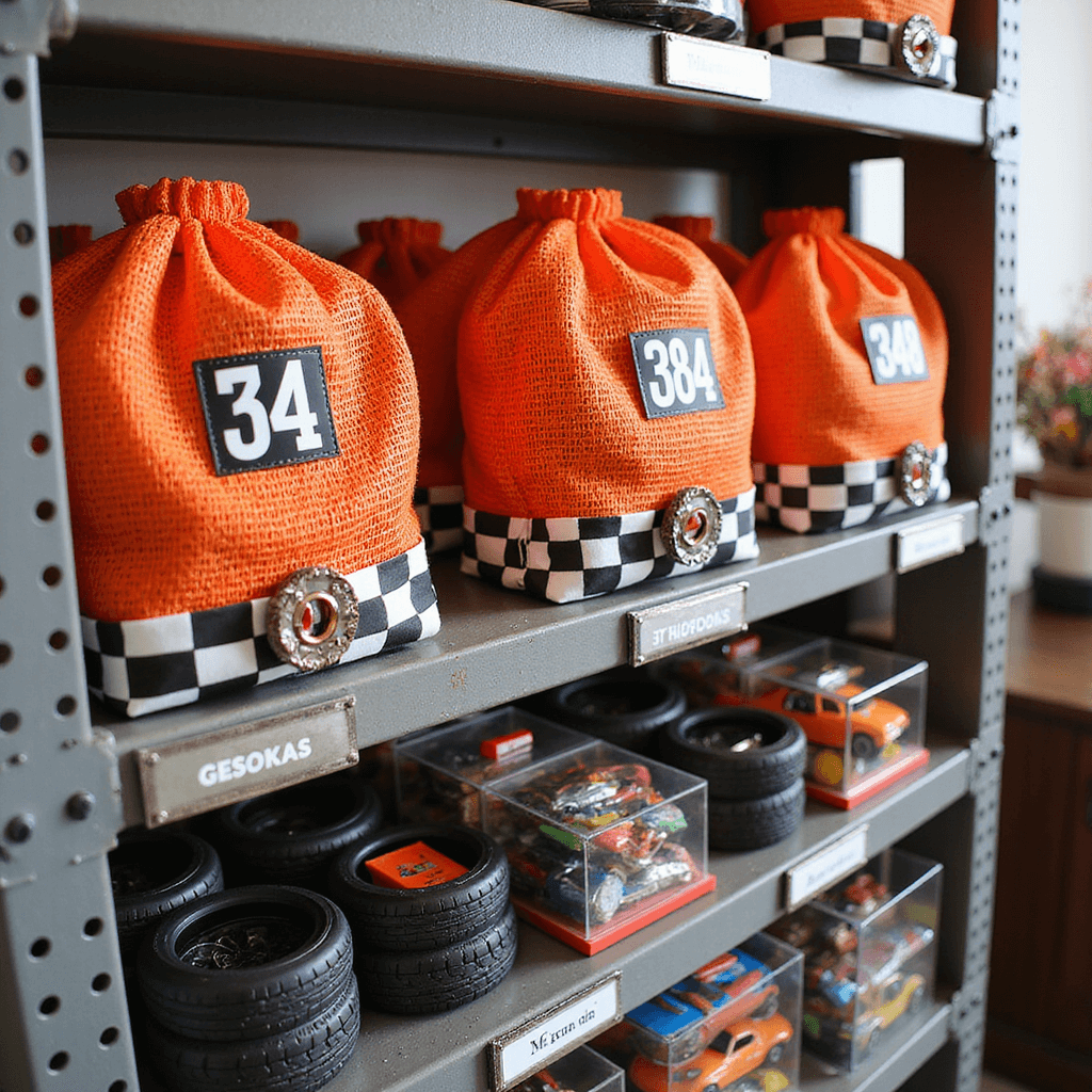A detailed view of a pit crew favor station featuring industrial metal shelving adorned with checkered flag fabric, orange mesh pit crew bags with racing numbers, mini tool belts filled with candy tools, neatly arranged tire-shaped treat boxes, Hot Wheels cars in clear acrylic cases, and metallic name tags reflecting light.