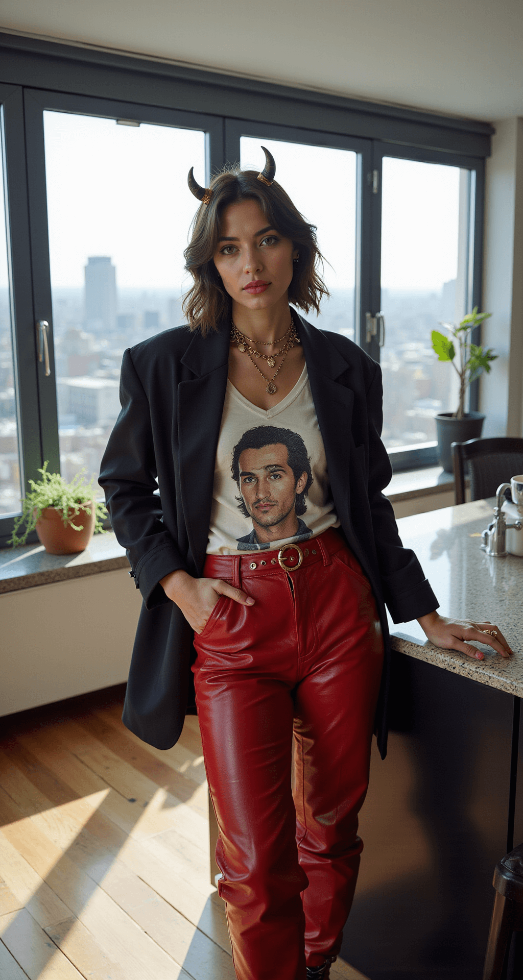 A model in red leather pants, a graphic t-shirt, and an oversized blazer leans casually against a kitchen counter, holding a coffee cup. They are accessorized with small gold horn hair clips and layered necklaces, wearing combat boots. Bright natural light fills a modern apartment with city views, creating a lifestyle vibe with a fashion focus.