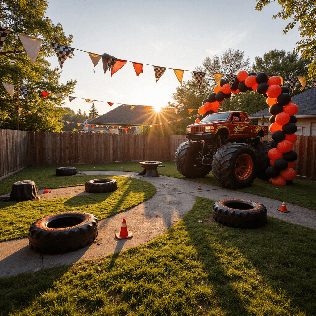 Photorealistic wide-angle view of a vibrant backyard transformed into a monster truck party arena, featuring construction barriers, caution tape, balloon garlands, checkered flag bunting, a large inflatable monster truck, activity stations with tire-shaped tables, and chalk race tracks with mini cones, all illuminated by golden hour light.