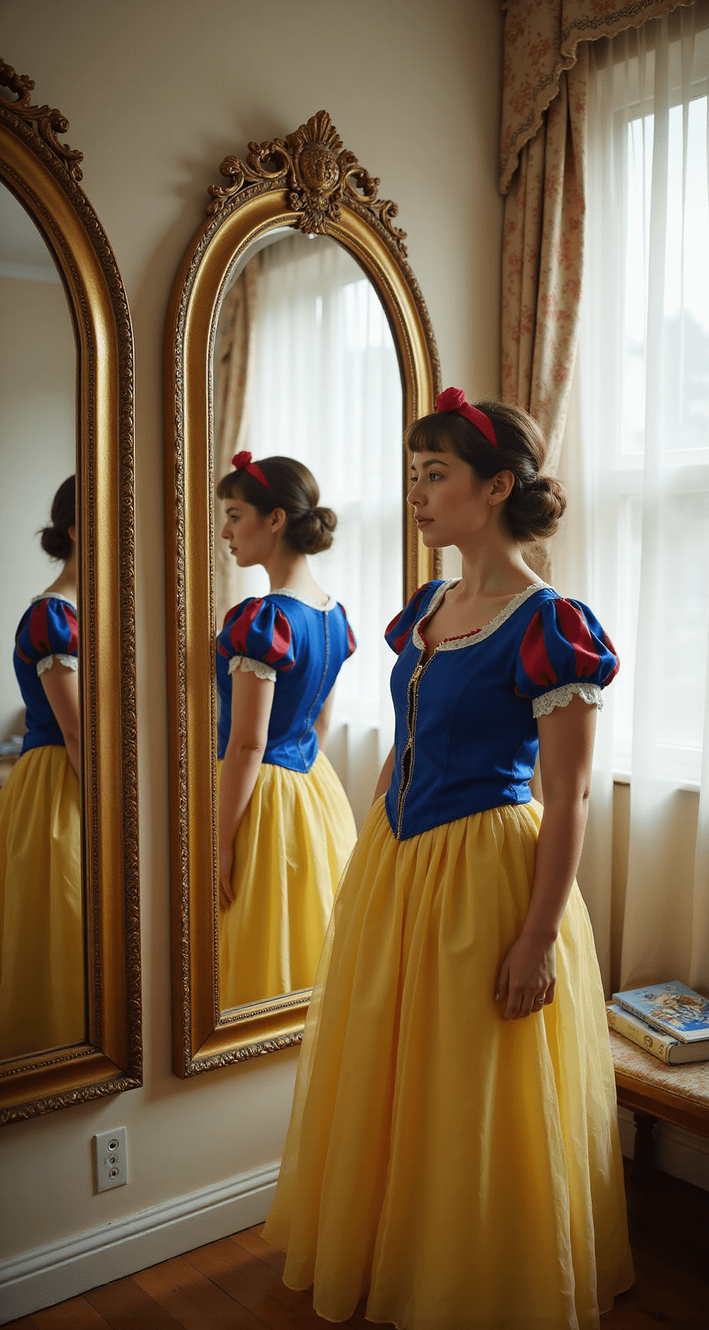 A Complete Guide to Rocking Your Snow White Halloween Costume A young woman trying on a Snow White costume in a bright dressing room, featuring ornate gold-framed mirrors, soft afternoon light, and a dreamy bokeh effect that emphasizes the costume's rich colors and textures.