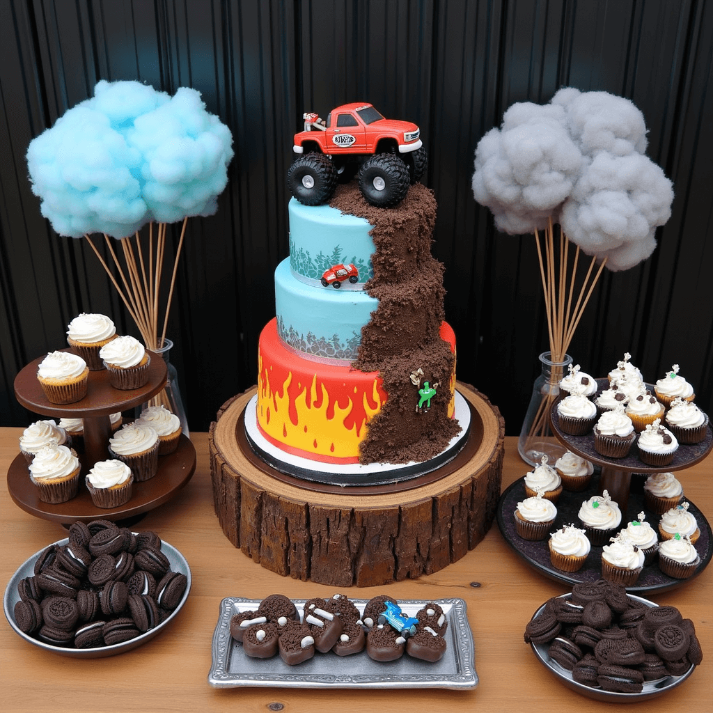 Overhead view of a monster truck-themed dessert table featuring tire-track decorated cupcakes, cookie dirt paths, and a three-tier cake with fondant flames and a monster truck topper. Gray and blue cotton candy exhaust clouds and chocolate-dipped Oreo tires in vintage metal trays complete the display.