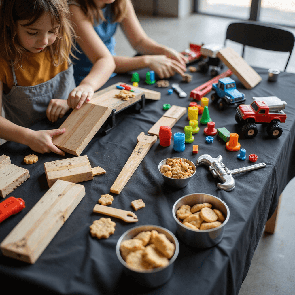 Close-up shot of a DIY ramp building station with raw wood platforms and colorful building blocks on a black dropcloth. Young hands are arranging pieces, while toy monster trucks sit nearby. Tool-shaped cookies and 'nuts and bolts' trail mix in metal containers enhance the garage atmosphere.