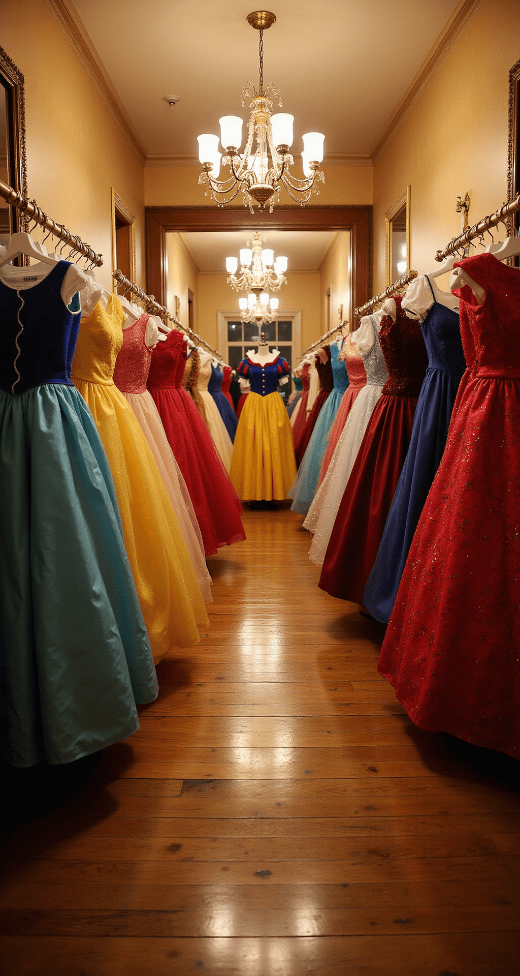 A Complete Guide to Rocking Your Snow White Halloween Costume A boutique fitting room featuring a wide-angle view of multiple variations of Snow White costumes on display, with rich wooden floors, elegant chandelier lighting, and full-length mirrors, showcasing a range of price points and fabric qualities in a warm, inviting golden hour ambiance.