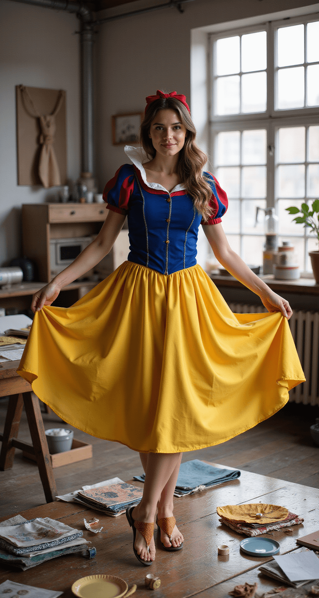 A Complete Guide to Rocking Your Snow White Halloween Costume A woman twirling in a DIY Snow White costume in a cozy sewing studio, surrounded by fabric swatches and sewing materials on a rustic wooden table, with morning light streaming through industrial windows illuminating the costume's details.