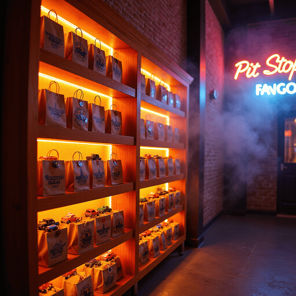 A dramatic evening scene of a party favor display wall with orange LED lights. A custom wooden shelving unit designed as a monster truck garage holds kraft paper bags marked with tire tracks. Each bag is filled with mini trucks, holographic stickers, and personalized dog tags, surrounded by theatrical fog. A neon 'Pit Stop' sign glows overhead.