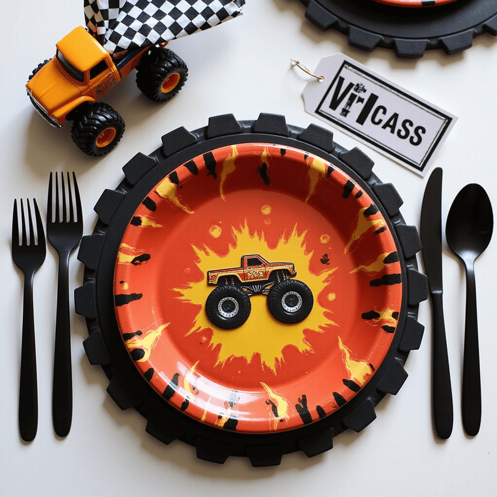 Flat lay of a monster truck-themed party place setting featuring a flame-patterned melamine plate on a tire-tread placemat, black silverware, a checkered flag napkin in a metal ring, a custom VIP pit pass name card, and a small toy truck as a place card holder.