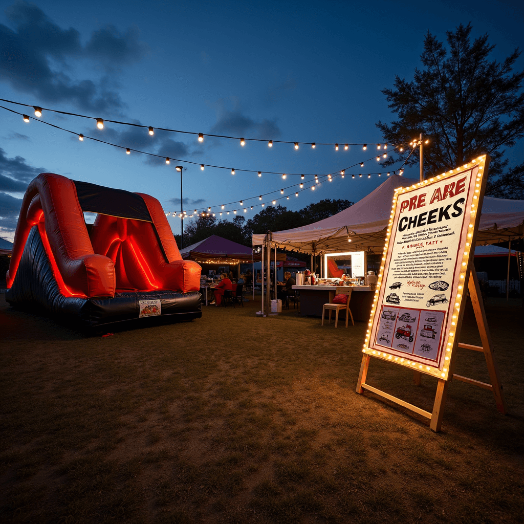 A wide shot of a game area at dusk, decorated with string lights. A glowing inflatable tire obstacle course is seen, alongside a 'Pin the Wheels' game on an easel wrapped in LED lights. A temporary tattoo station features a light-up vanity mirror and flash sheets with truck designs.