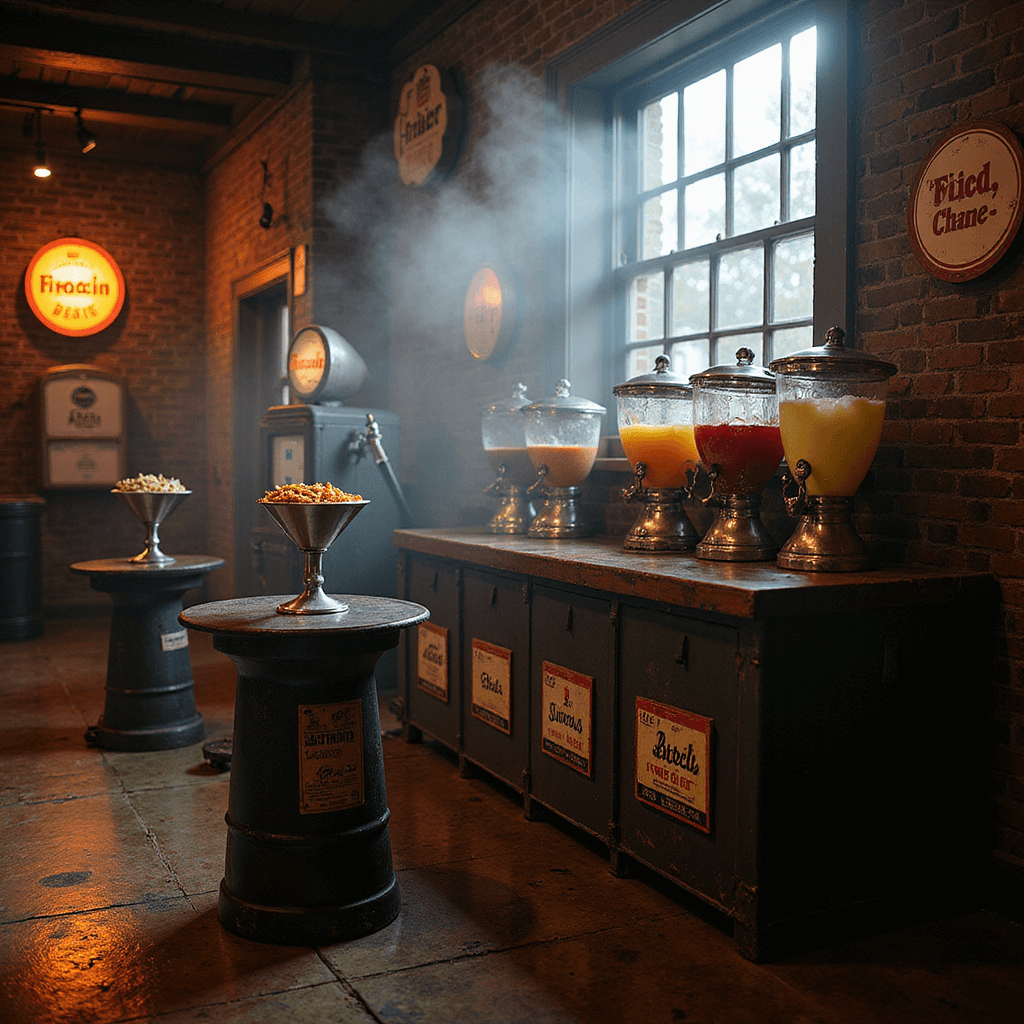 Close-up of a unique refreshment station styled as a fuel station, featuring industrial metal beverage dispensers labeled as various 'fuels' filled with colorful drinks. Oil drum cocktail tables with cone-shaped holders for snacks are illuminated dramatically, surrounded by mist from a fog machine. Vintage gas pump props and branded oil company signs enhance the atmospheric setup.