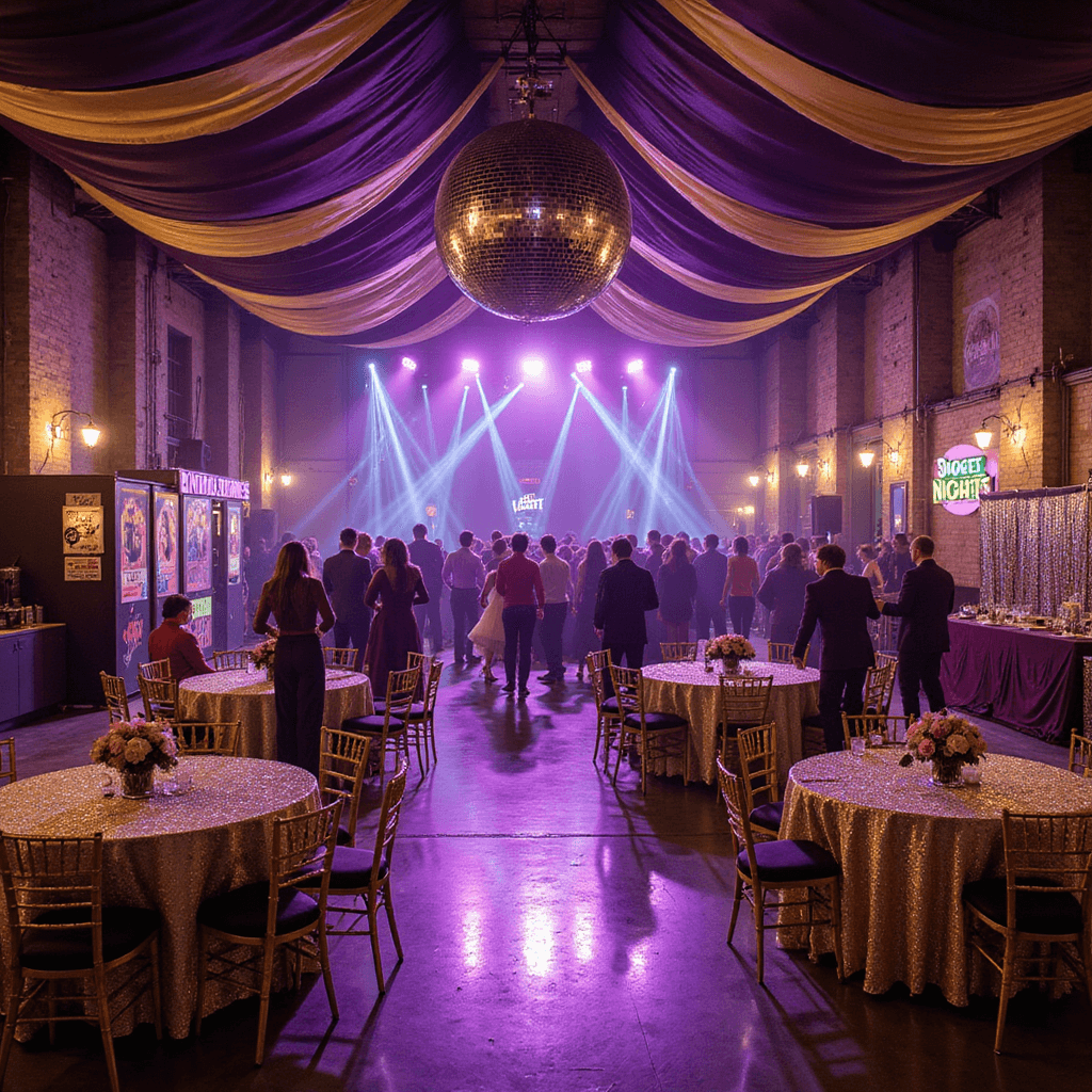 Unforgettable Adult Birthday Party Ideas: Your Ultimate 2025 Guide A vibrant 70s-themed disco party in a stylish warehouse, featuring a large disco ball, dramatic purple and gold draping, metallic sequined tables, a DJ booth with vintage album covers, and partygoers dancing in authentic 70s attire under colorful lights, with a retro photo booth and a neon 'Boogie Nights' sign.