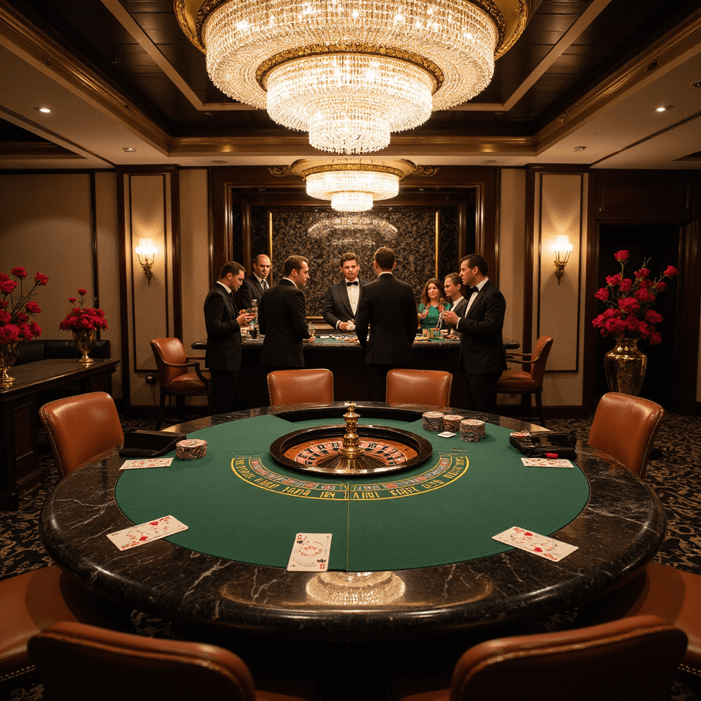 Unforgettable Adult Birthday Party Ideas: Your Ultimate 2025 Guide An elegant casino setup in a luxurious ballroom featuring gaming tables, a marble bar, crystal chandeliers, and intimate seating amid moody lighting and formal guests.