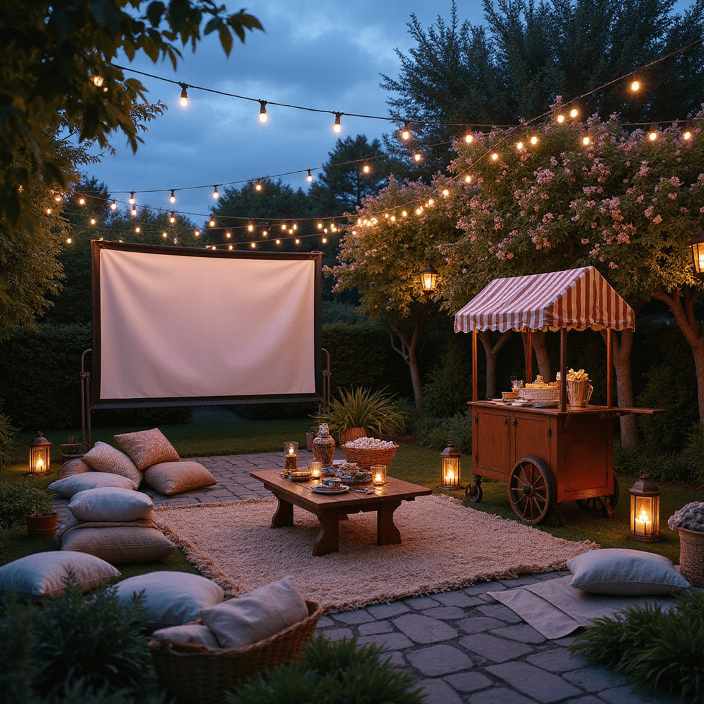 Unforgettable Adult Birthday Party Ideas: Your Ultimate 2025 Guide A whimsical outdoor movie night in a lush garden, featuring string lights overhead, plush cushions, vintage rugs, and a white projection screen surrounded by jasmine. A popcorn cart with a striped awning stands nearby, while woven baskets hold cozy blankets, and copper lanterns illuminate stone pathways. The scene is captured during blue hour, creating a magical ambiance.