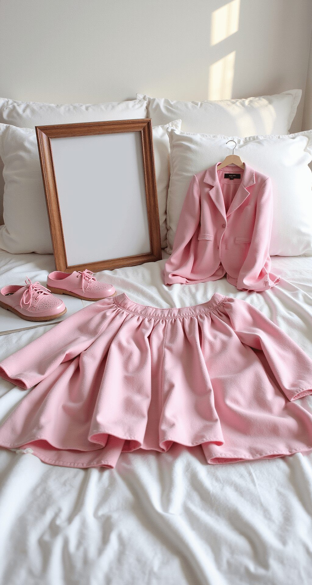 A minimalist white bedroom features a carefully arranged 'Budget Barbie' flat lay with thrifted pink vintage items, including a blazer and pleated skirt. Natural light enhances the textures of the fabrics, while a DIY Barbie box frame serves as the centerpiece.