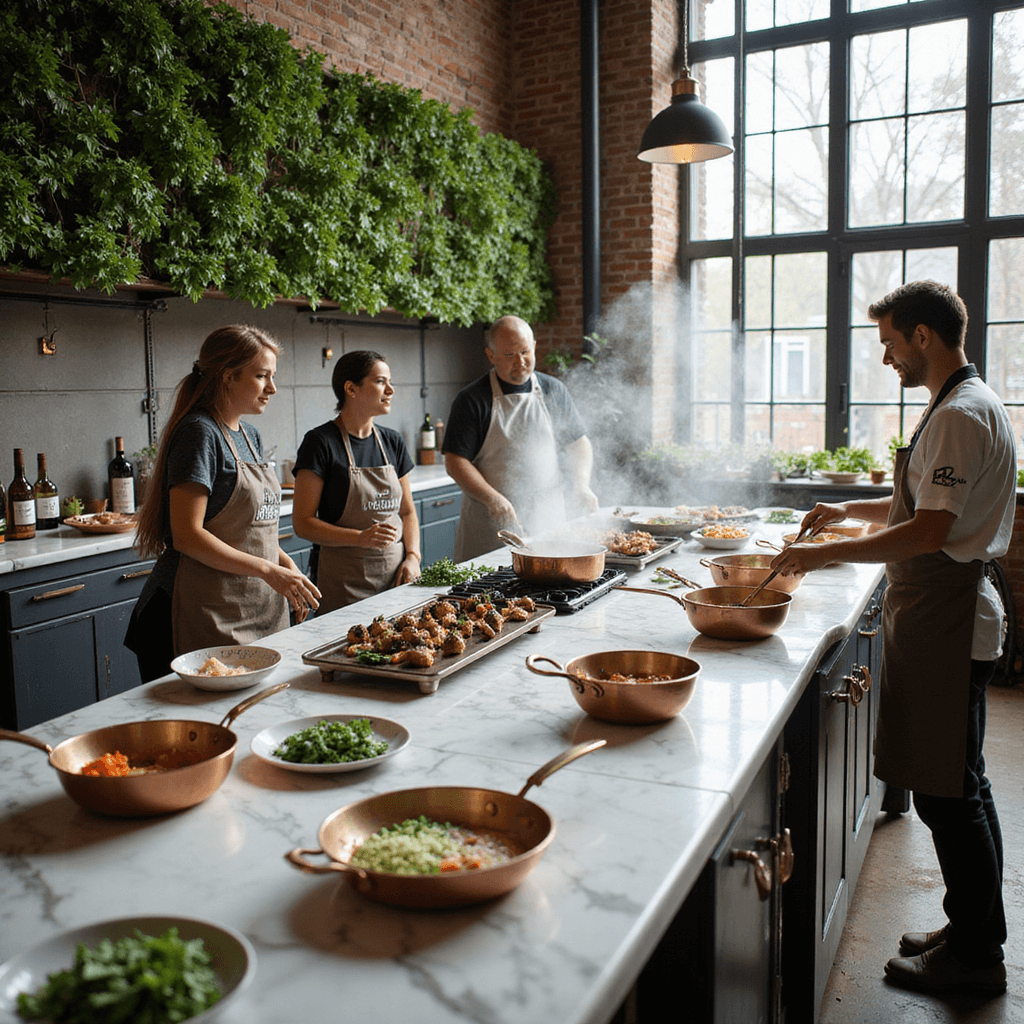 Unforgettable Adult Birthday Party Ideas: Your Ultimate 2025 Guide An interactive culinary experience in a bright industrial-chic cooking school featuring long marble counters with individual stations, copper cookware, fresh ingredients, and an herb garden wall. A professional chef demonstrates techniques at a central island as excited participants gather around steam rising from pans, with wine stations nearby and custom aprons hanging on numbered hooks.