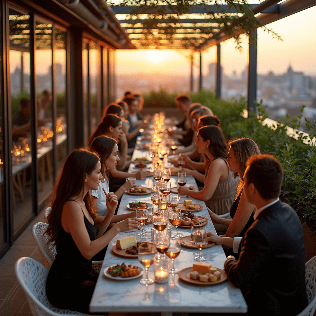 Unforgettable Adult Birthday Party Ideas: Your Ultimate 2025 Guide A rooftop wine tasting soirée at golden hour, featuring glass walls with a cityscape view, wine flights on marble surfaces, rustic cheese and charcuterie displays, intimate high-top tables with cream linens, and sommelier engaging guests amidst fresh grape vines and olive branches.
