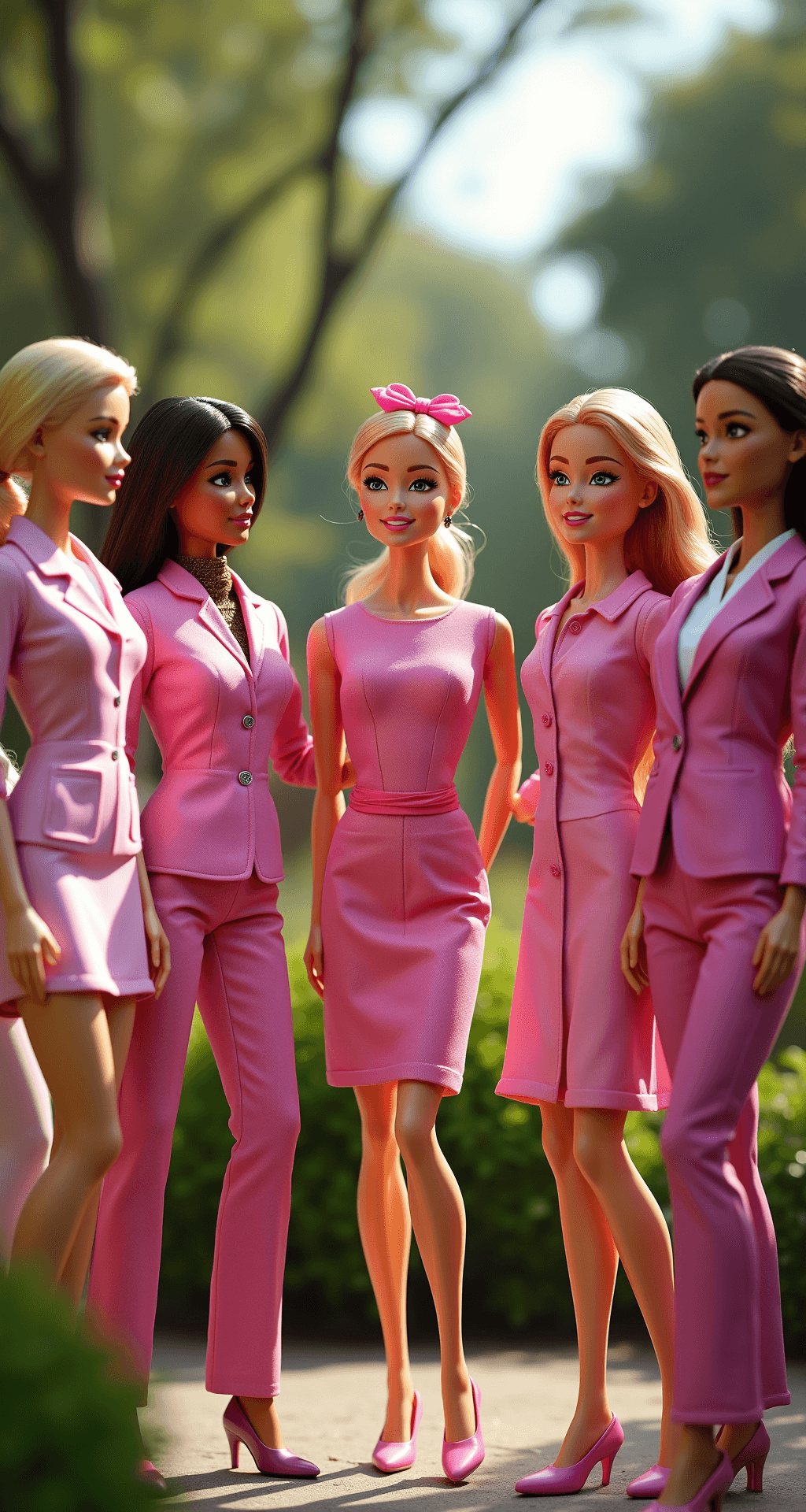 A vibrant outdoor garden party scene featuring models dressed as Career Barbies, including a Doctor, Astronaut, and Business Executive, all in varying shades of pink. They are engaged in conversation, with late afternoon light filtering through trees, casting dynamic shadows and accentuating the details of their profession-specific outfits.