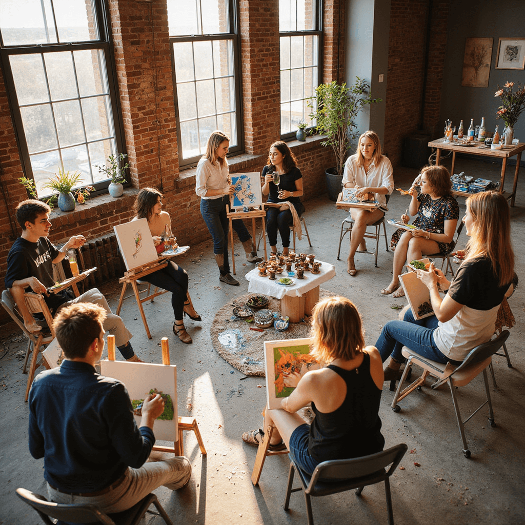 Unforgettable Adult Birthday Party Ideas: Your Ultimate 2025 Guide Aerial view of a vibrant paint and sip party in a spacious art studio loft, with easels in a semi-circle, colorful canvases, a paint-splattered floor, and a bar cart featuring prosecco and appetizers, set against exposed brick walls adorned with artwork and fresh flowers in paint-dipped vases, illuminated by golden afternoon light.