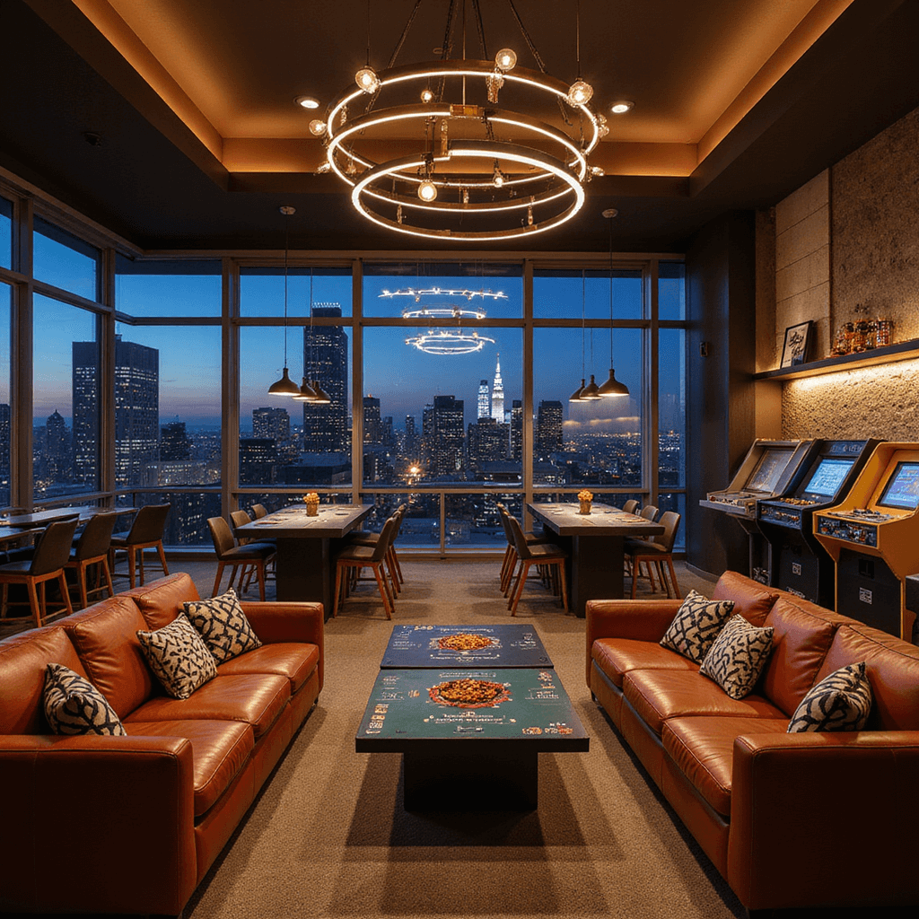 Unforgettable Adult Birthday Party Ideas: Your Ultimate 2025 Guide An upscale game night tournament in a mid-century modern penthouse, featuring gaming stations with board games and vintage arcade cabinets, a custom scoreboard for tournament brackets, leather sectionals with geometric print pillows, illuminated trophy displays, and elevated snacks, all captured at twilight with city lights in the background.