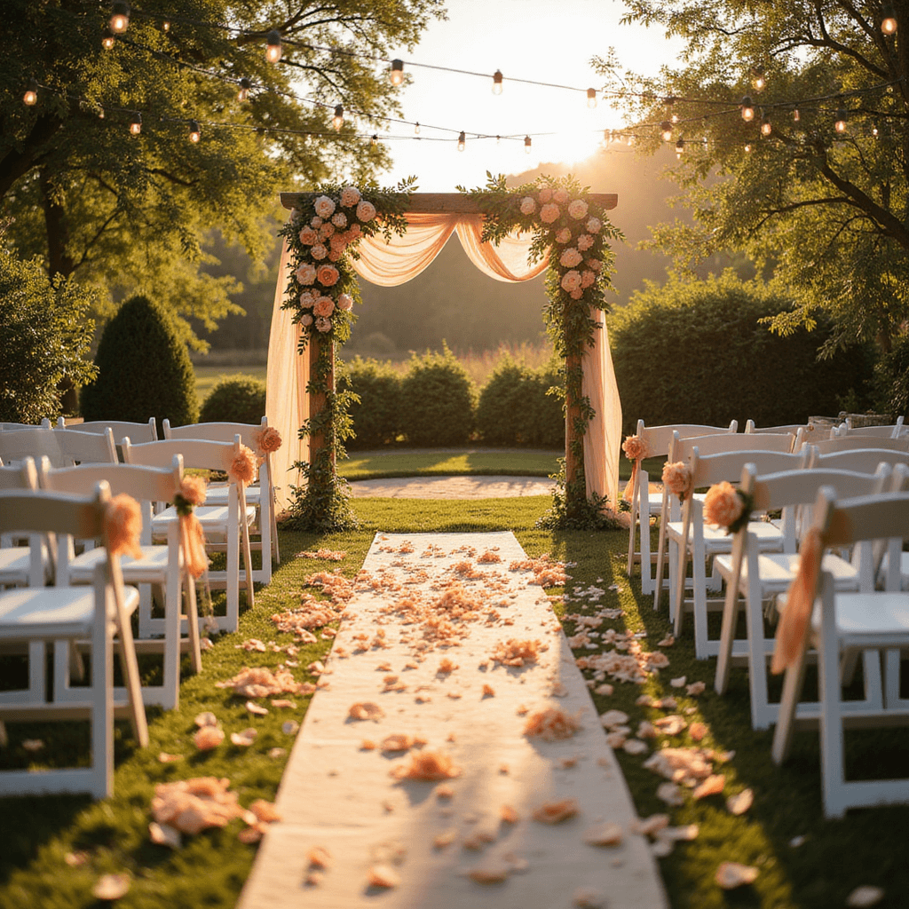A sunlit garden wedding scene featuring rows of white chairs adorned with peach garden roses, a rustic arch draped in peach and blush florals, and an aisle runner scattered with peach rose petals, all illuminated by warm golden light and twinkling fairy lights overhead.