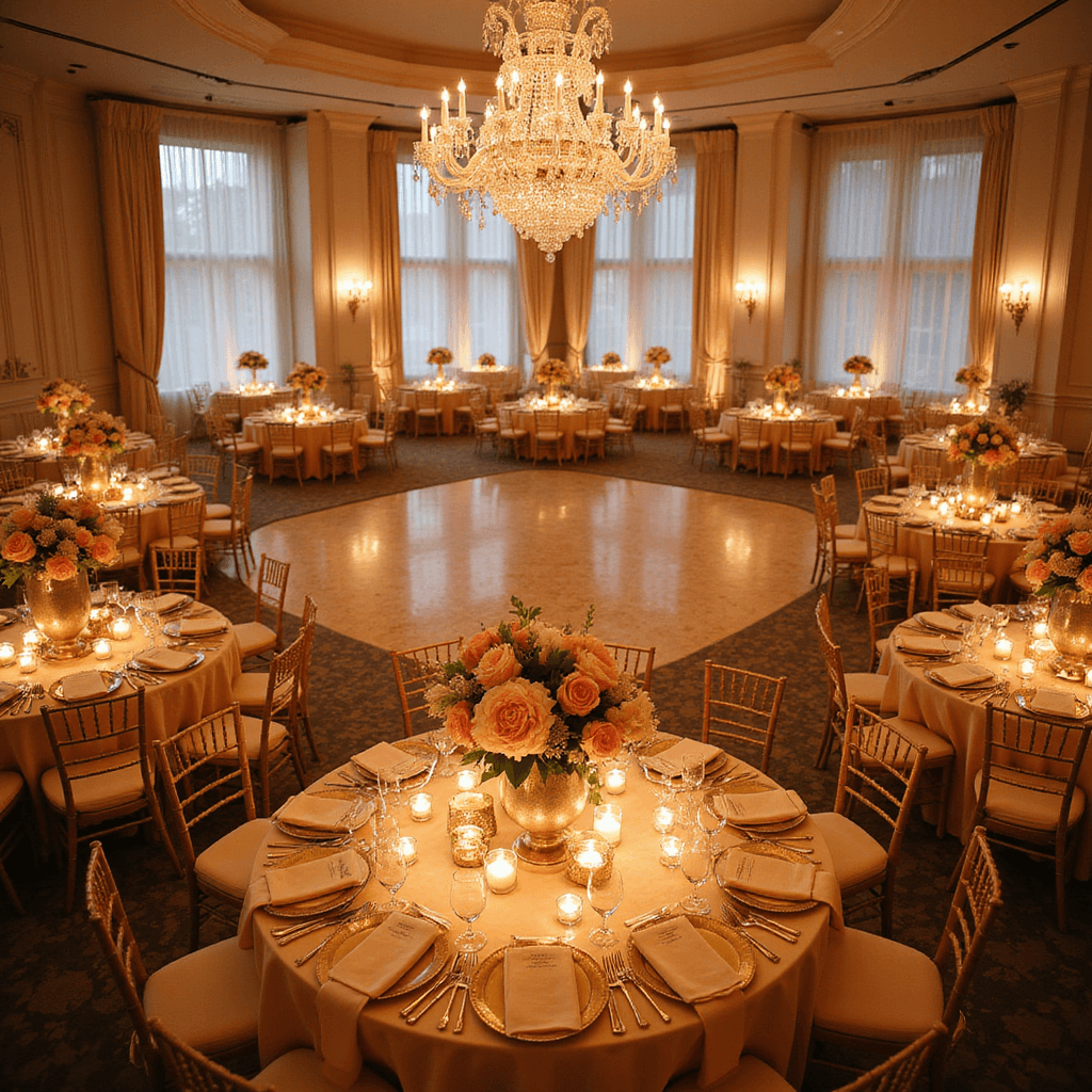 An elegant ballroom reception featuring round tables with champagne silk linens, filled with peach peonies and garden roses in mercury glass vases, illuminated by crystal chandeliers and flickering candlelight, with a marble dance floor and sheer ivory drapes.