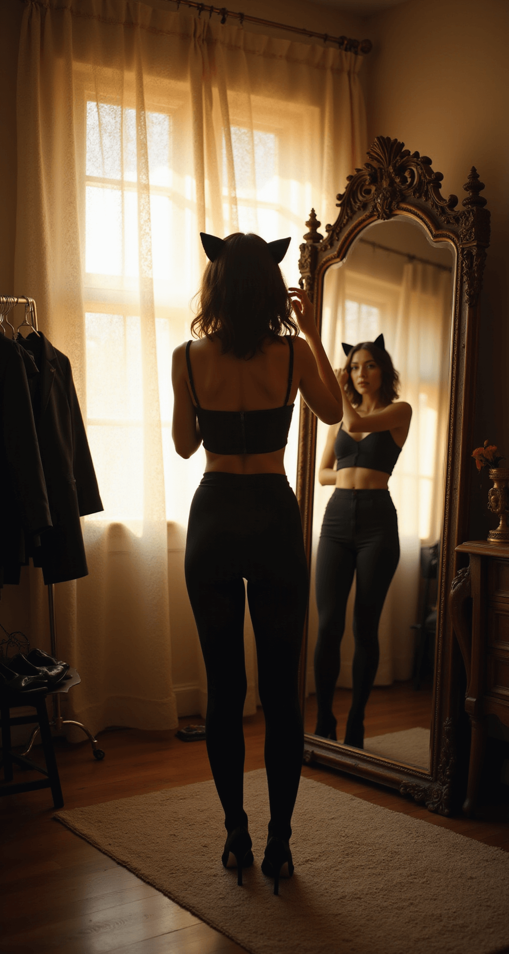 A model in black high-waisted leggings and a fitted crop top adjusts cat ears in a vintage dressing room, bathed in golden hour light. An antique mirror reflects her image, while a clothing rack displays black garments and a vanity holds costume accessories, all captured with a soft bokeh effect.