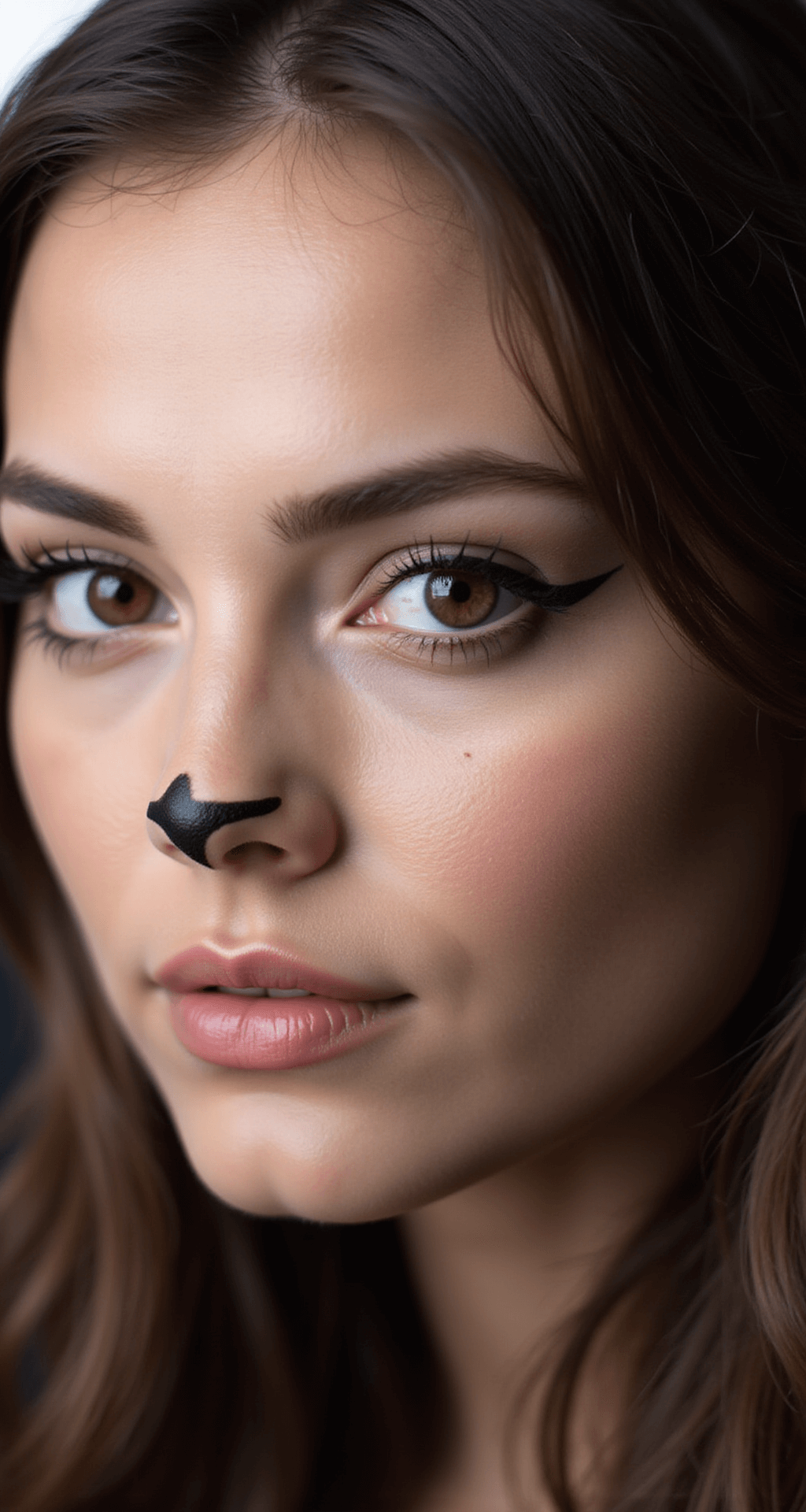 Close-up shot of a model's face with cat-inspired makeup, featuring sharp winged eyeliner, whiskers, and a noir-painted nose tip, captured in a professional studio setting with soft ring lighting.