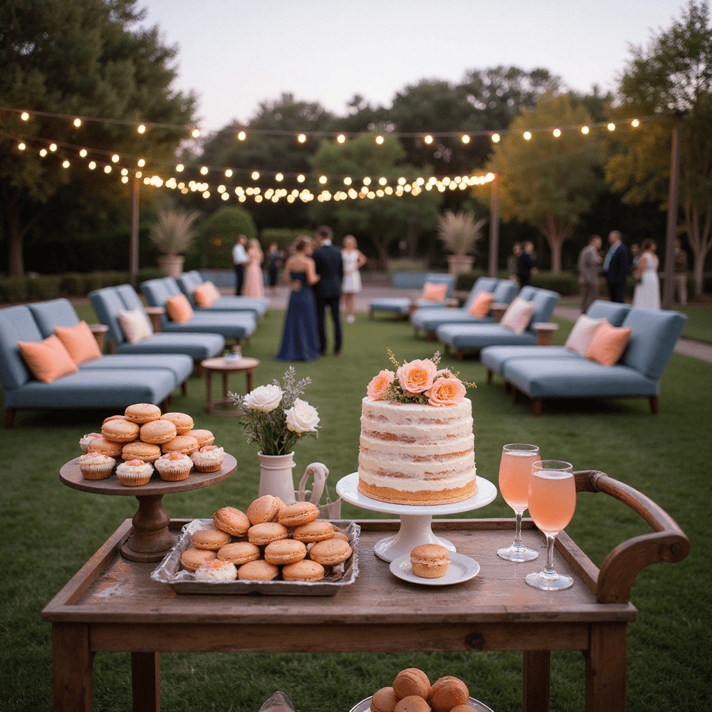 A whimsical outdoor cocktail hour at dusk featuring a dessert cart filled with peach-hued treats, market lights overhead, a rustic wooden bar cart with vintage champagne coupes filled with blush prosecco, and guests mingling on a lush lawn with cozy seating vignettes.