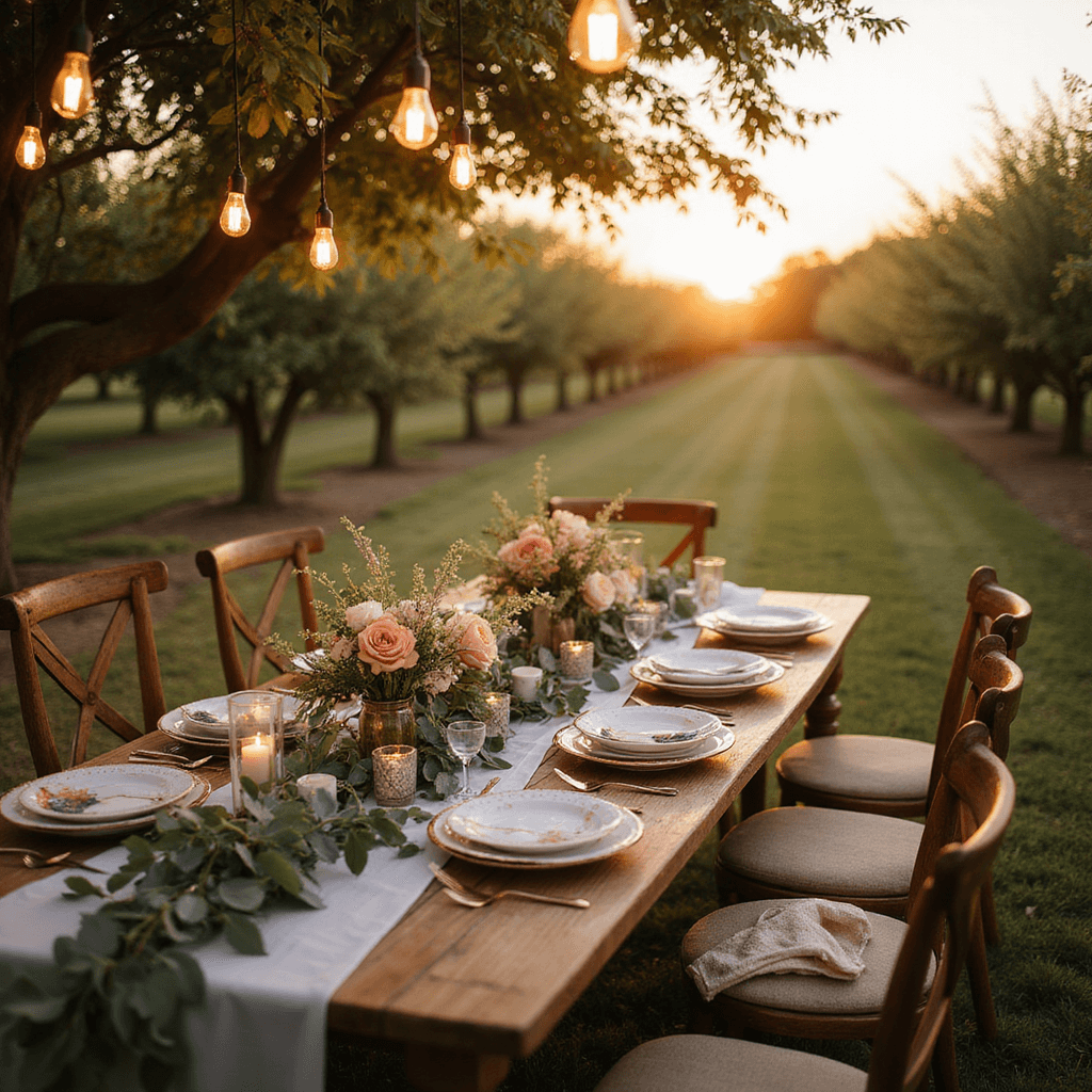 An intimate farm-to-table dinner party at sunset, featuring a long farmhouse table in a blooming peach orchard, adorned with a lush garland of eucalyptus, peach garden roses, and peonies, mismatched vintage china, wooden cross-back chairs with cozy blankets, and hanging Edison bulbs illuminating the scene under a golden sunset.