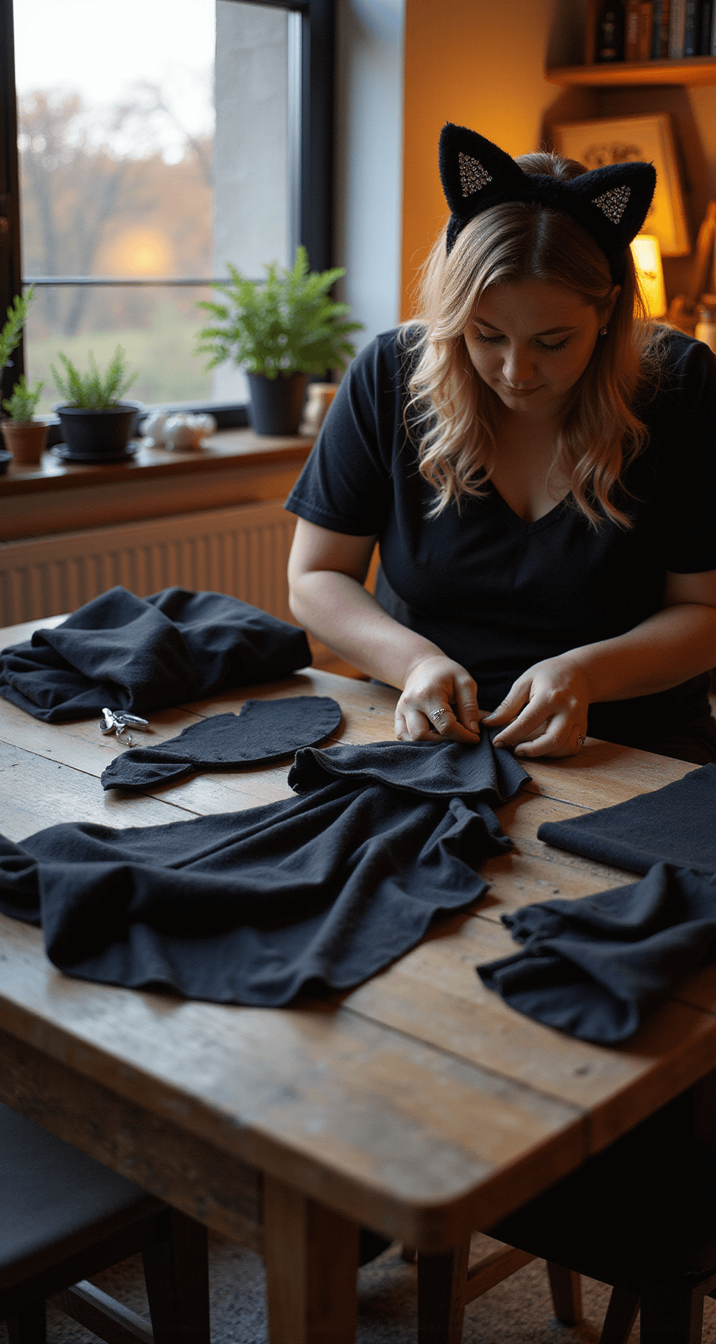 A cozy apartment scene at magic hour, with warm lighting illuminating a rustic wooden table cluttered with black fabrics, felt pieces, and crafting supplies. Hands are focused on customizing cat ears with rhinestones and assembling a matching tail, with natural window light enhancing the atmosphere.