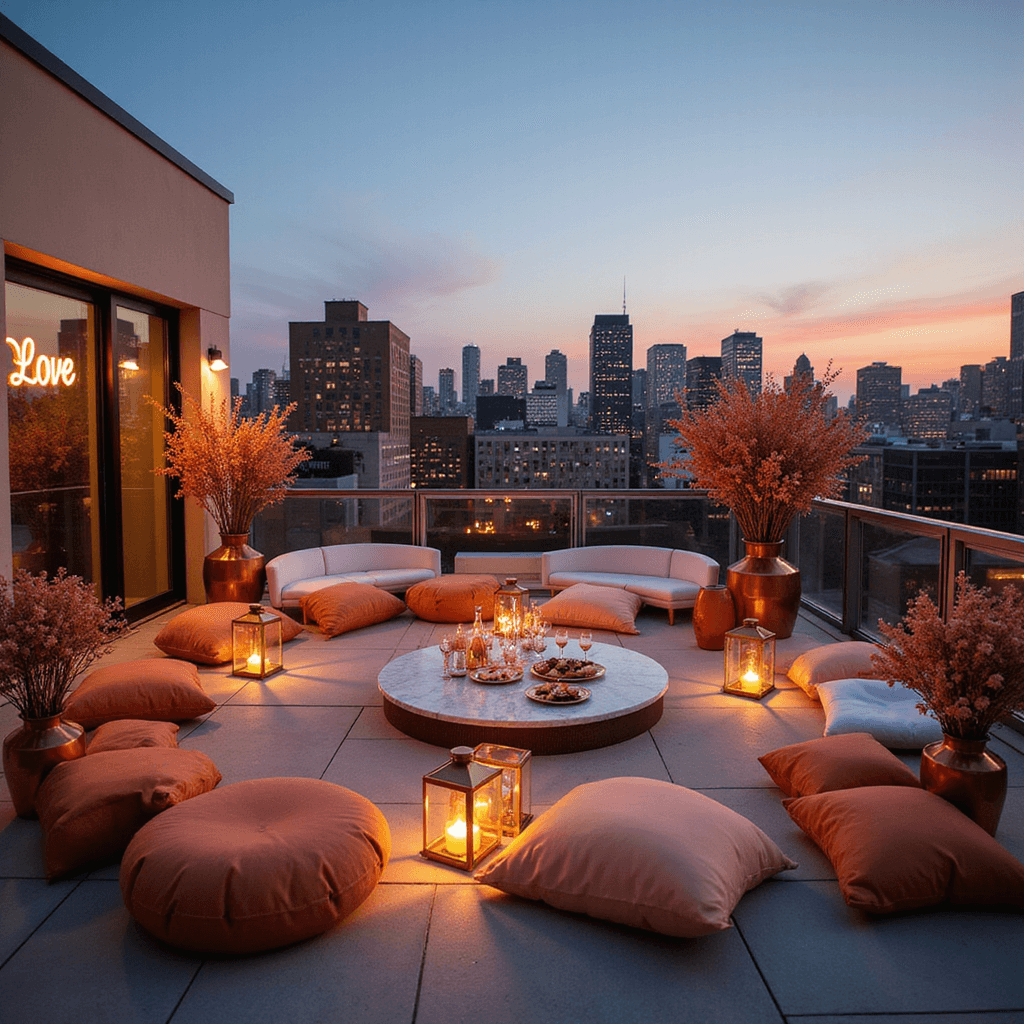 A modern rooftop engagement party at twilight featuring a stylish urban skyline backdrop, with a circular seating area of plush peach and terracotta cushions, sleek white furniture, vibrant peach floral arrangements, a neon 'Love' sign, copper lanterns, and a marble bar displaying champagne and peach-toned appetizers against a deep blue to soft peach sky.