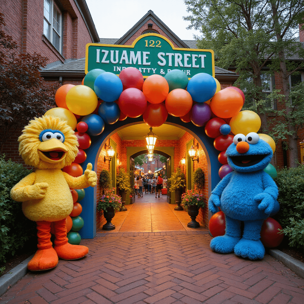 A vibrant Sesame Street-themed welcome area featuring a handcrafted street sign, a red brick path, life-sized character standees of Elmo, Big Bird, and Cookie Monster, a grand primary color balloon arch, and warm lighting, viewed from a child's perspective. Sesame Street Birthday Party
