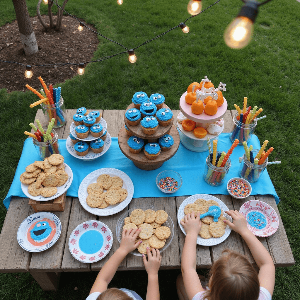 A sun-drenched backyard snack station features a rustic wooden table with a sky-blue tablecloth overflowing with Cookie Monster-themed treats, including tiered stands of character cupcakes, mason jars of fruit wands, and a cookie decorating area with freshly baked cookies, icing, and colorful sprinkles. Fairy lights illuminate the scene as children joyfully reach for the abundant treats.