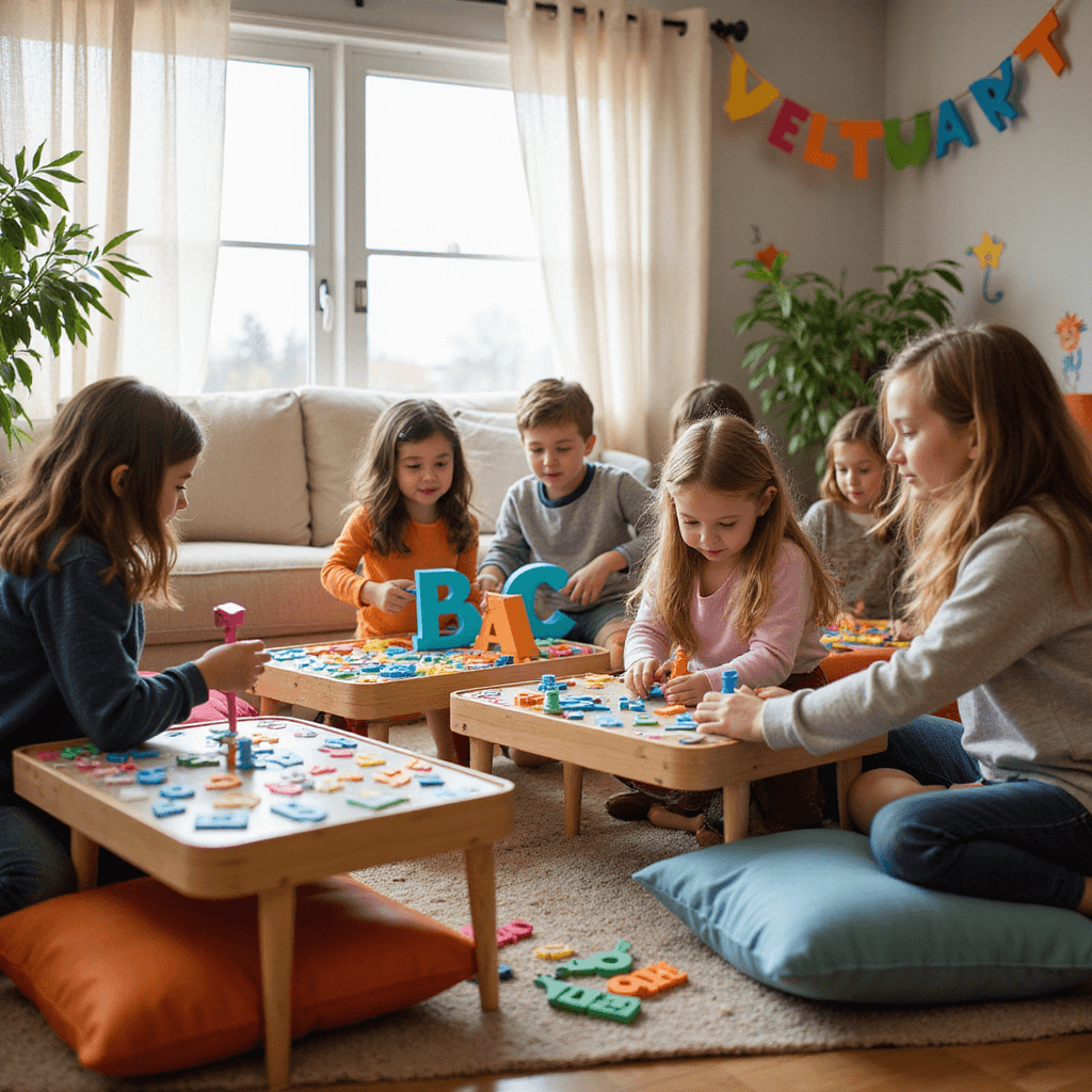 A cozy living room activity zone filled with low tables, colorful floor cushions, and various educational game stations, featuring oversized foam letters and a puppet-making corner, illuminated by natural light and decorated with hand-painted Sesame Street murals and alphabet bunting, with children engaged in learning activities.