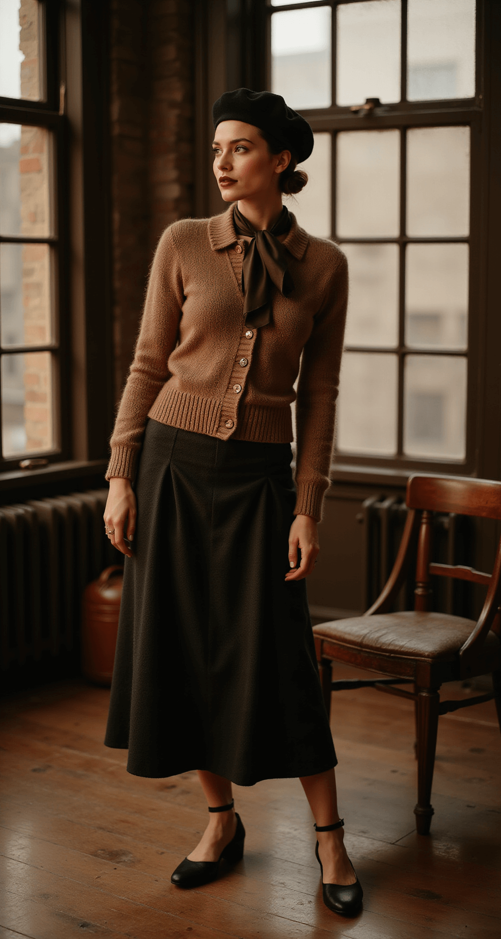 A female model poses in a vintage studio, wearing a brown knit cardigan and dark wool midi skirt, with a black beret and T-strap shoes. She has natural makeup, defined brows, and dark crimson lips. A silk scarf is tied at her neck, and the scene is illuminated by warm sepia lighting, with shadows cast by large windows across the wooden floorboards. An antique chair and vintage leather handbag are visible in the background.