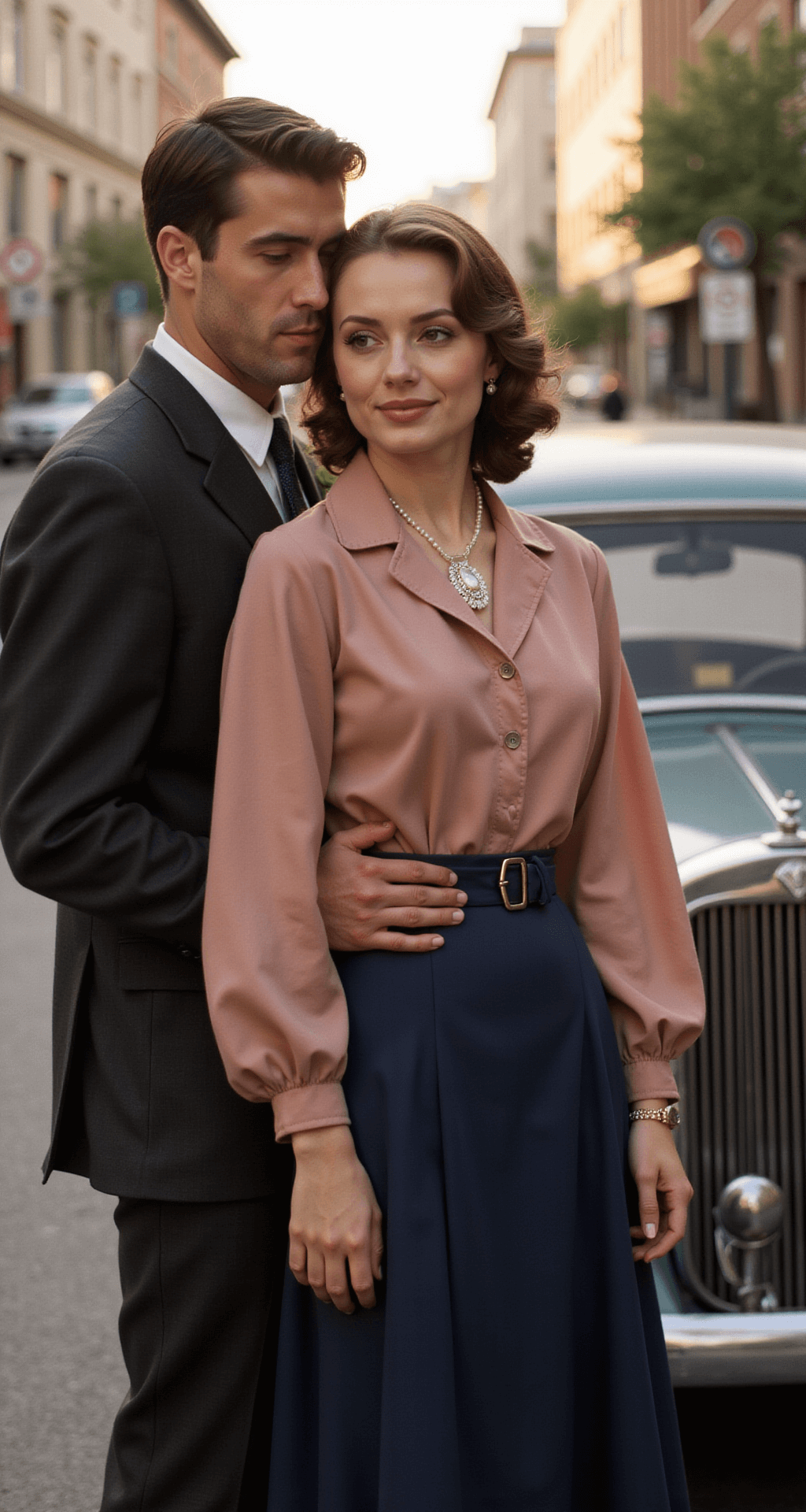 A couple stands beside a classic car during golden hour, with a 1930s architectural backdrop. The woman wears a dusty pink blouse tucked into a high-waisted navy skirt, accessorized with a delicate brooch and pearl necklace. Her hair is styled in soft vintage waves, and warm evening light highlights the textures of her outfit. The image is shot from a slight low angle, emphasizing the classic glamour of the scene.