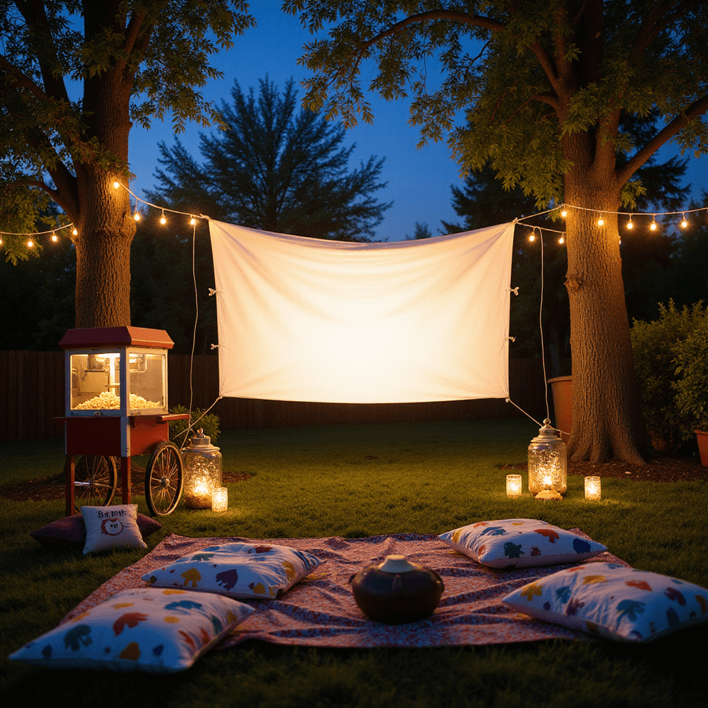 An enchanting outdoor movie night setup features a large sheet as a screen, fairy lights strung between trees, character-themed pillows, a vintage popcorn machine, and lanterns, with children settling in for a Sesame Street show under the twilight sky.