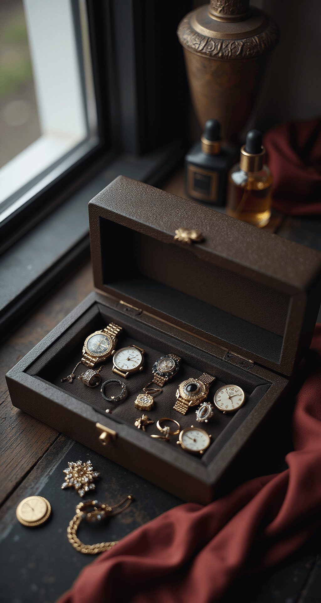 Close-up of an art deco vanity featuring an open vintage jewelry box with brooches, watches, and rings, surrounded by dark lipstick, a perfume bottle, and a silk scarf, all softly illuminated by window light.