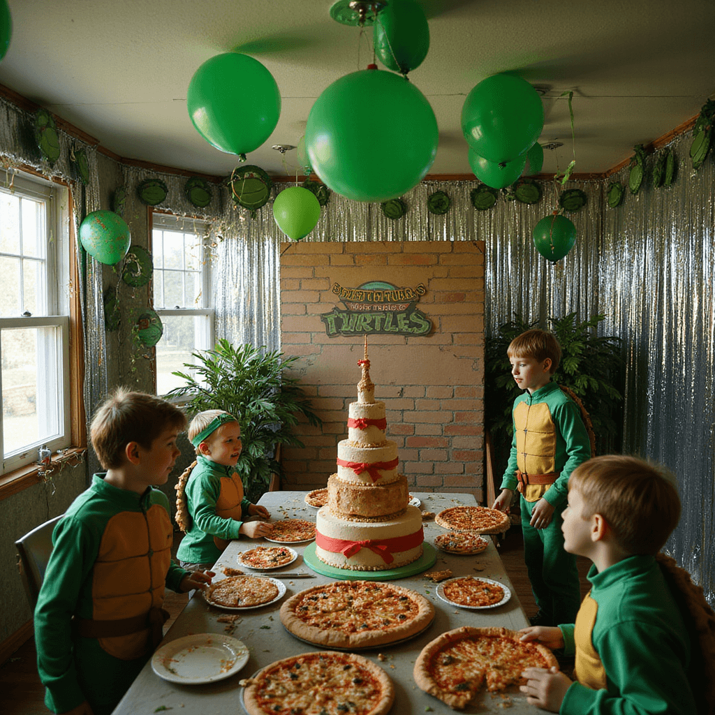 A vibrant indoor birthday party transformed into a Ninja Turtles lair, featuring colorful decorations, a table with various pizzas, a towering pizza-shaped cake, and children in TMNT costumes playing amidst a glowing green ambiance.