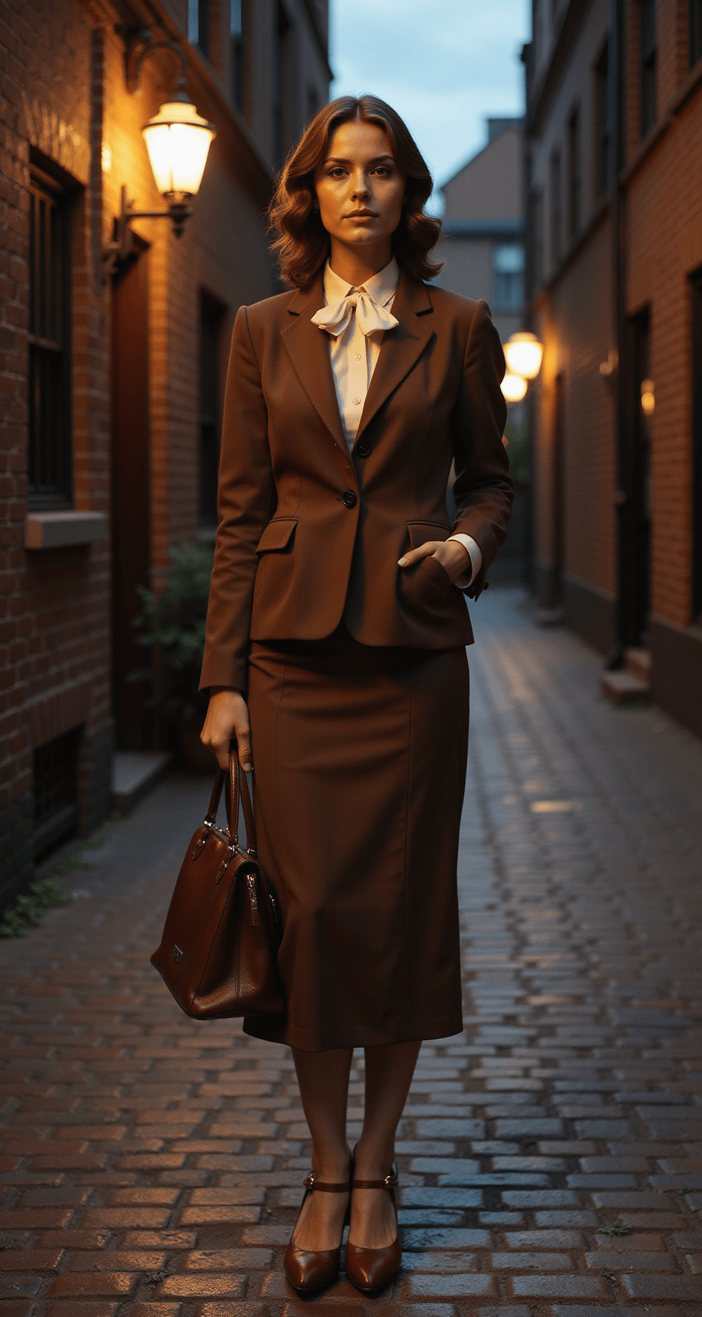 A historic brick alleyway illuminated by atmospheric street lamp light at dusk, featuring a female model in a brown wool skirt suit and cream silk blouse with a bow collar, accessorized with T-strap heels, a leather handbag, and a prop money bag, captured in a wide shot that emphasizes the film noir-inspired shadows and the environmental context.