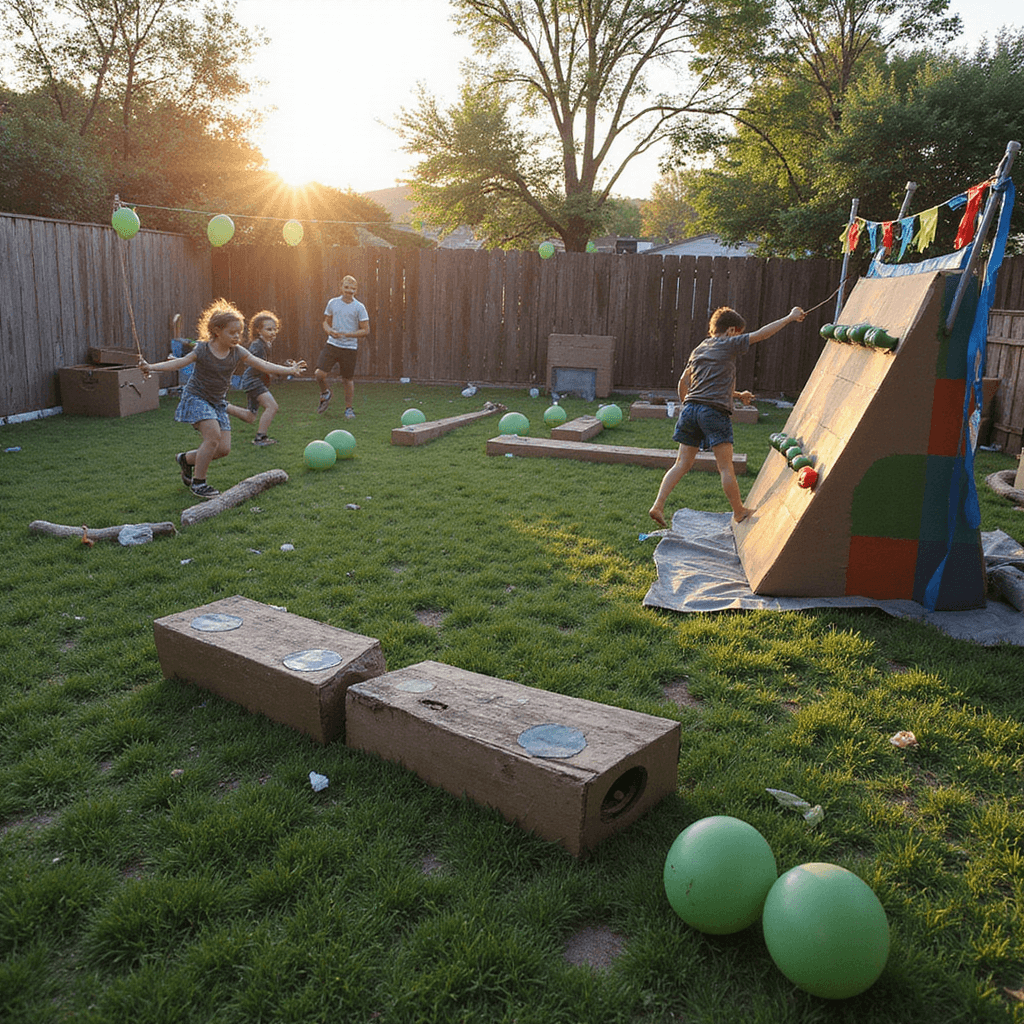 A vibrant backyard obstacle course for kids featuring foam nunchucks, painted log balance beams, and a climbing wall with turtle shell handholds. The scene is illuminated by golden hour sunlight, adorned with colorful streamers and balloons. Children navigate a cardboard maze designed like sewer pipes, with DIY turtle shell props and toy weapons scattered on the grass.