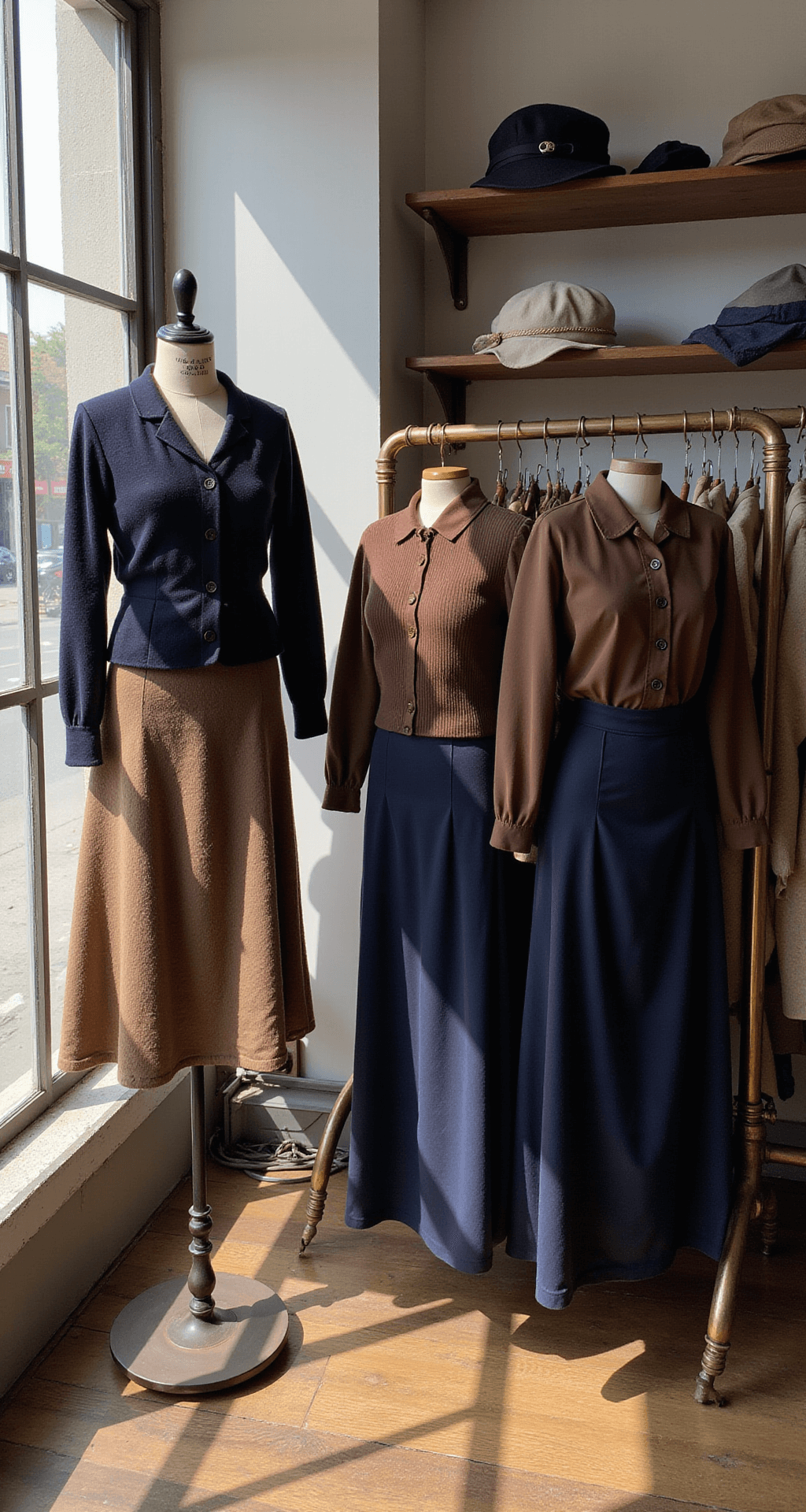 Sun-drenched vintage clothing store interior showcasing 1930s fashion with brass racks holding fitted cardigans, midi skirts, and silk blouses in deep browns and navy blues, alongside a hat stand displaying berets and newsboy caps, illuminated by natural light streaming through the windows, highlighting fabric textures and period buttons.