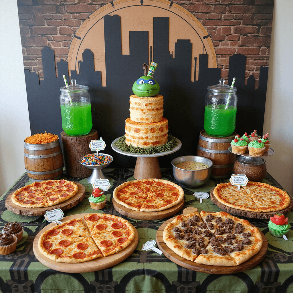 A vibrant Ninja Turtles themed food table showcasing a three-tiered pizza-shaped cake, real pizzas on wooden boards, green 'sewer slime' punch, TMNT-themed cupcakes, 'toxic waste' candy barrels, and 'turtle shell' chocolate-covered strawberries, all against a cityscape backdrop.