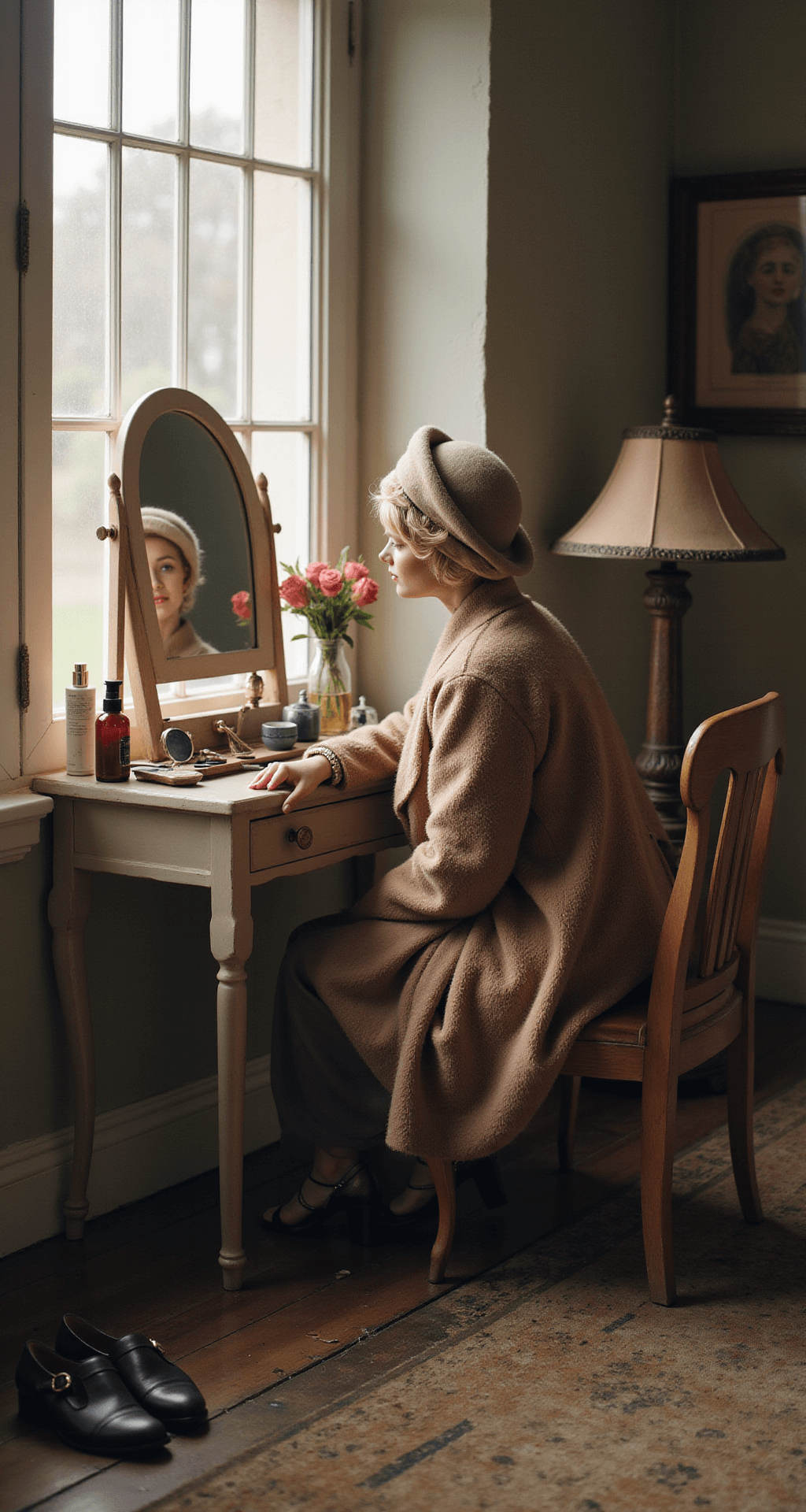 A vintage dressing room bathed in soft morning light, featuring a quaint vanity with a beret on a stand, a silk scarf draped over a mirror, period-accurate makeup products arranged neatly, and T-strap shoes lined up below, all captured in dreamy shallow focus with mixed textures of wool, silk, and leather.