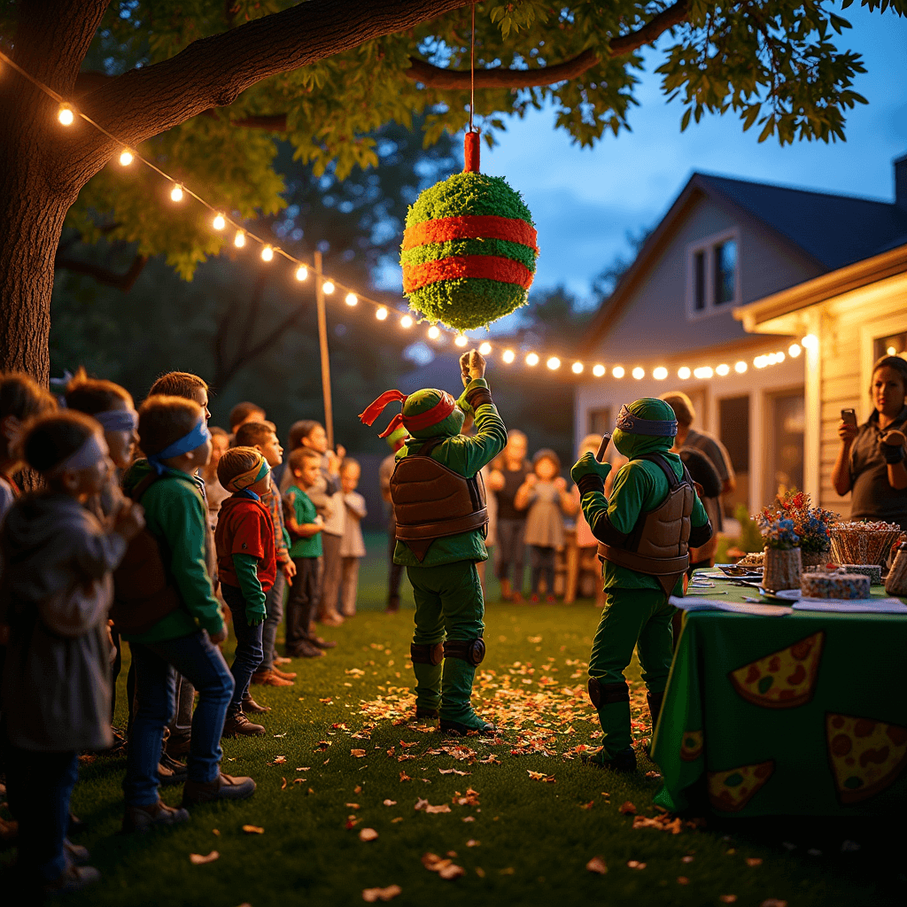 A vibrant twilight backyard scene featuring a large Ninja Turtles themed piñata hanging from a tree, surrounded by excited children in colorful ninja masks. The birthday child, dressed as Michelangelo, swings a foam nunchuck while parents capture the moment on their phones. Twinkling fairy lights and green pizza-patterned decorations enhance the festive atmosphere, with a table of party favors visible in the background.