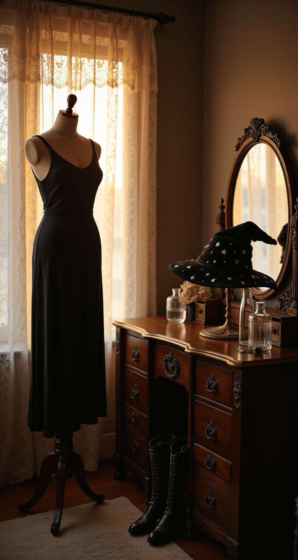 A vintage-style boudoir with golden hour light filtering through lace curtains, featuring a sleek black dress on an ornate mannequin, surrounded by witch costume accessories on a Victorian vanity, including crystal bottles, a velvet witch hat, and buckled black boots, all highlighted with elegant shadows. Black Dress Halloween Costume